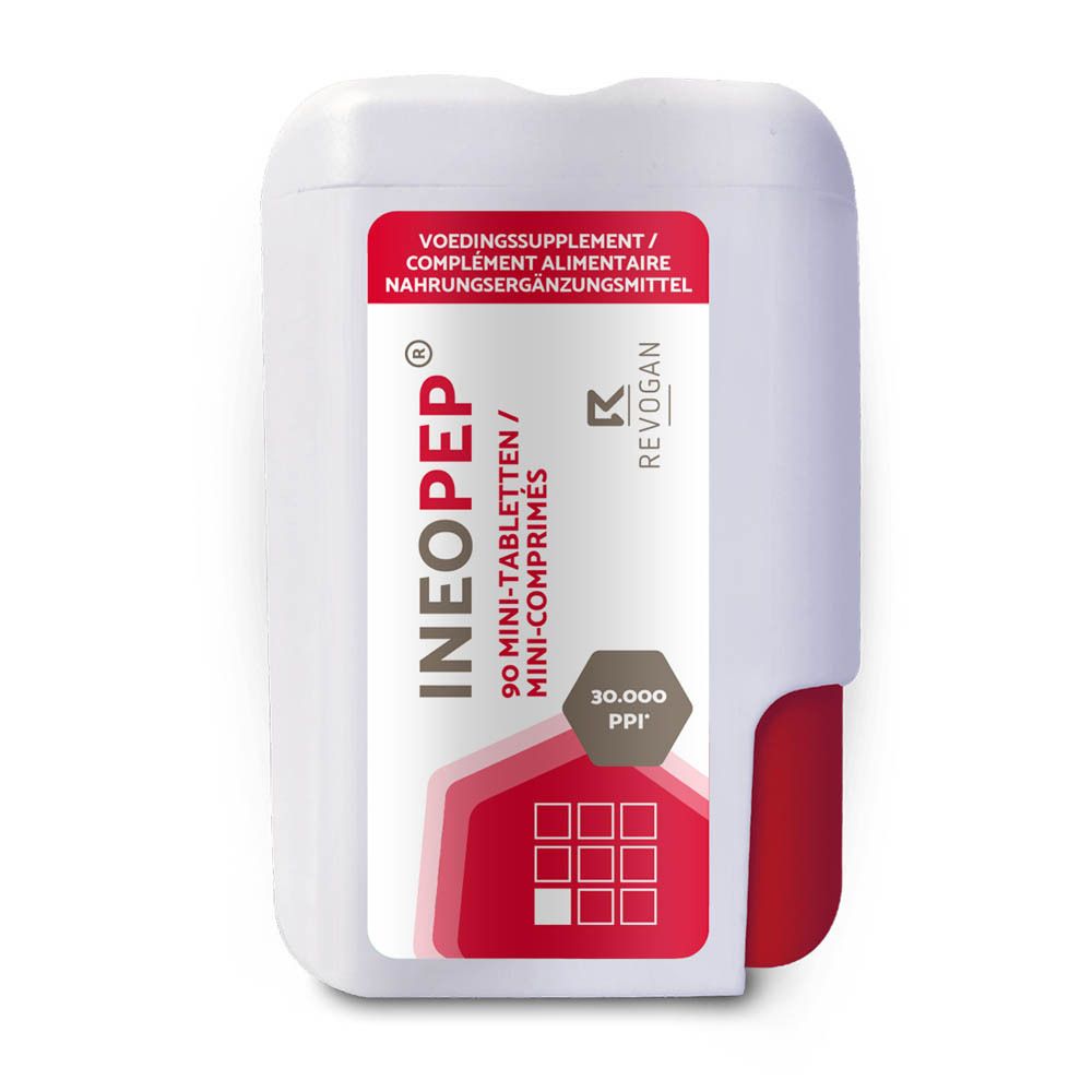 Rückseite der Ineopep®-Schachtel. Text in Deutsch, Niederländisch und Französisch. Gebrauchsanweisung.