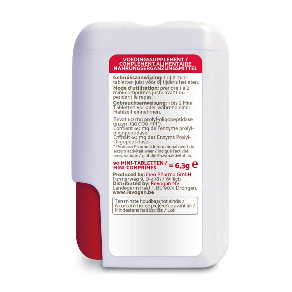 Rückseite der Ineopep®-Schachtel. Text in Deutsch, Niederländisch und Französisch. Inhaltsstoffe.