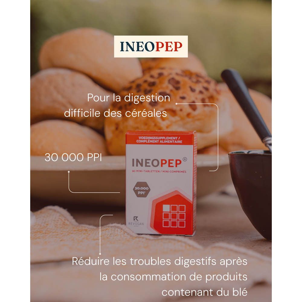 Boîte rouge Ineopep®. Contient 90 mini-comprimés. Inscription : 30 000 PPI. Marque Revogan.