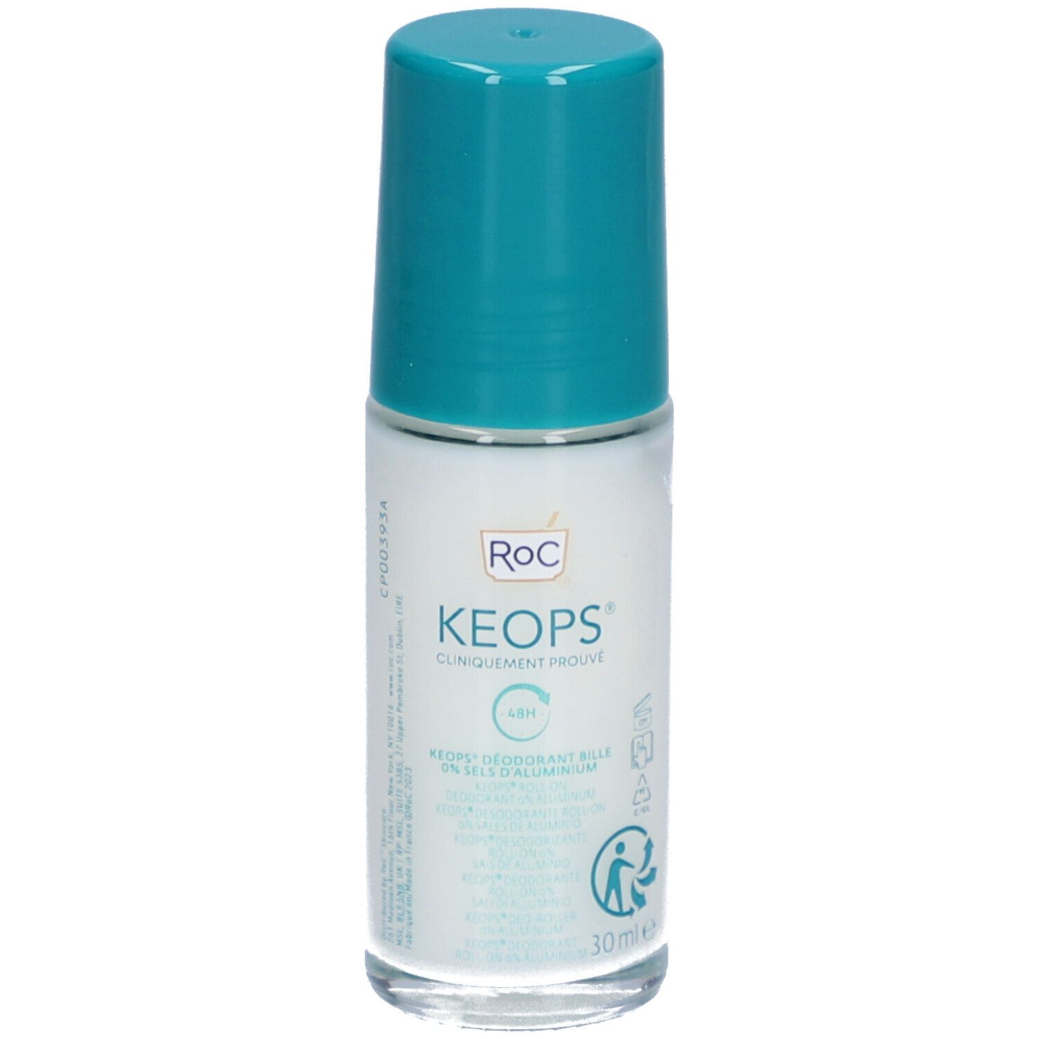 Déodorant roll-on RoC Keops, flacon blanc, bouchon turquoise. Inscriptions: Keops, 48H, 0% aluminium. 30 ml.