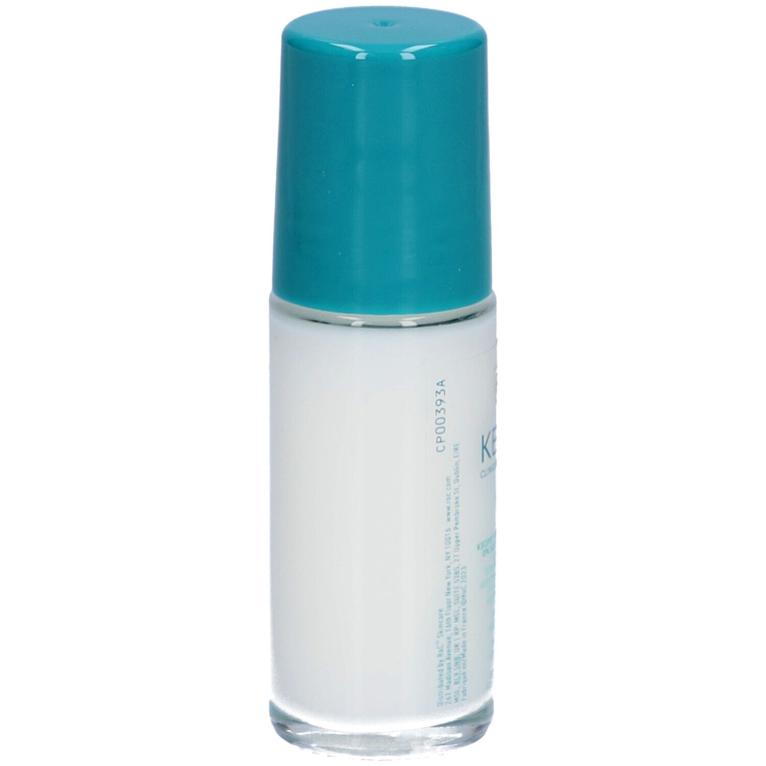 Dos du déodorant roll-on RoC Keops. Flacon blanc, bouchon turquoise. Texte et logos.
