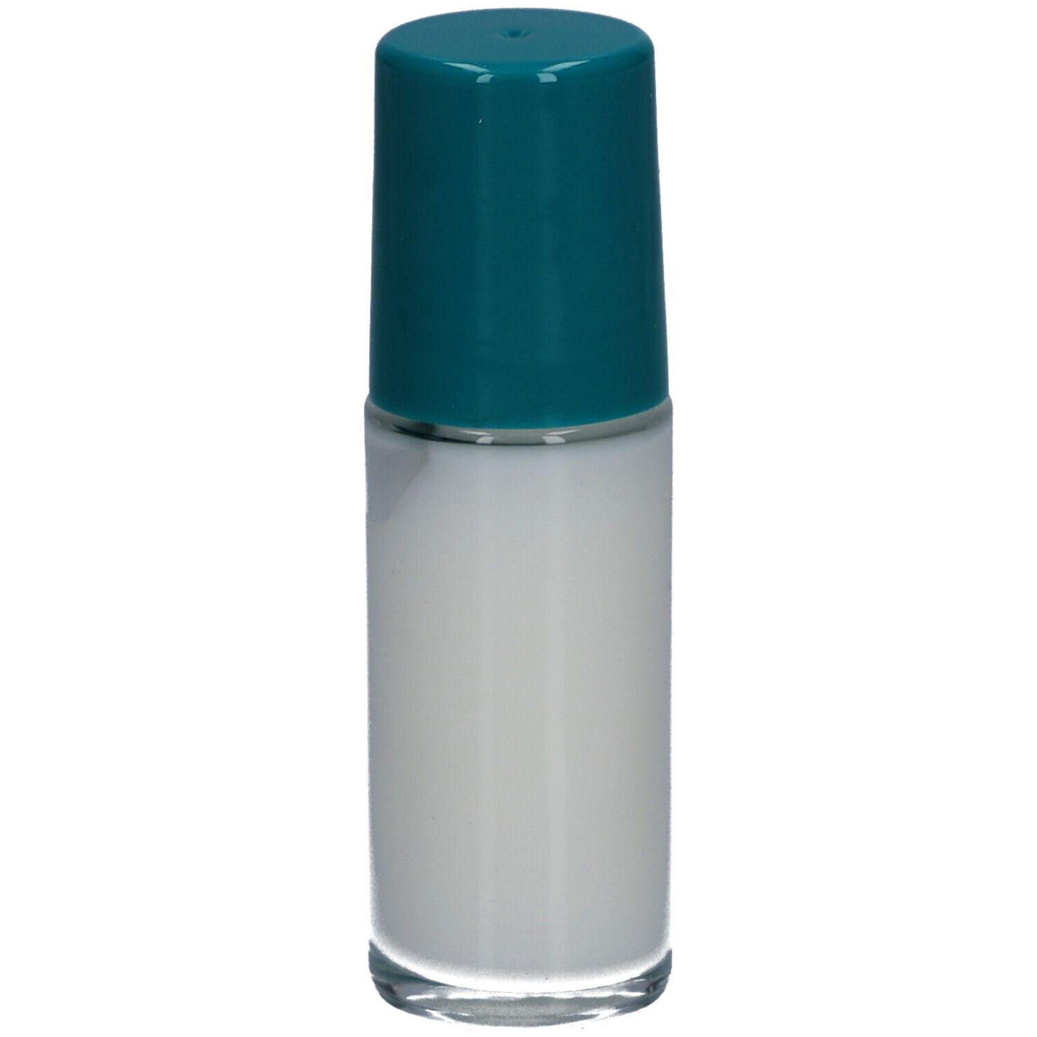 Déodorant roll-on RoC Keops, flacon blanc, bouchon turquoise. Inscription: Keops.