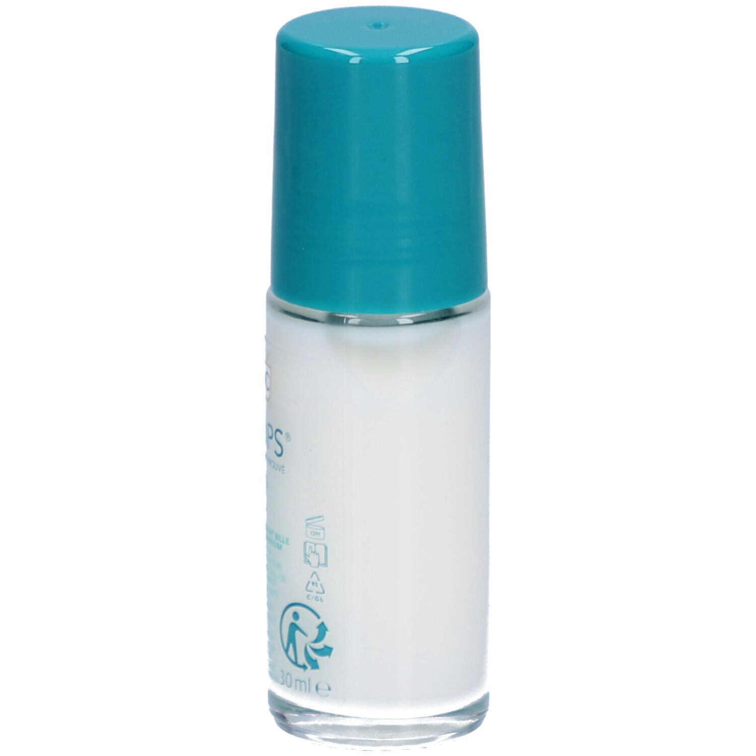 Déodorant roll-on RoC Keops, flacon blanc, bouchon turquoise. Inscriptions: Keops, 48H, 0% aluminium.