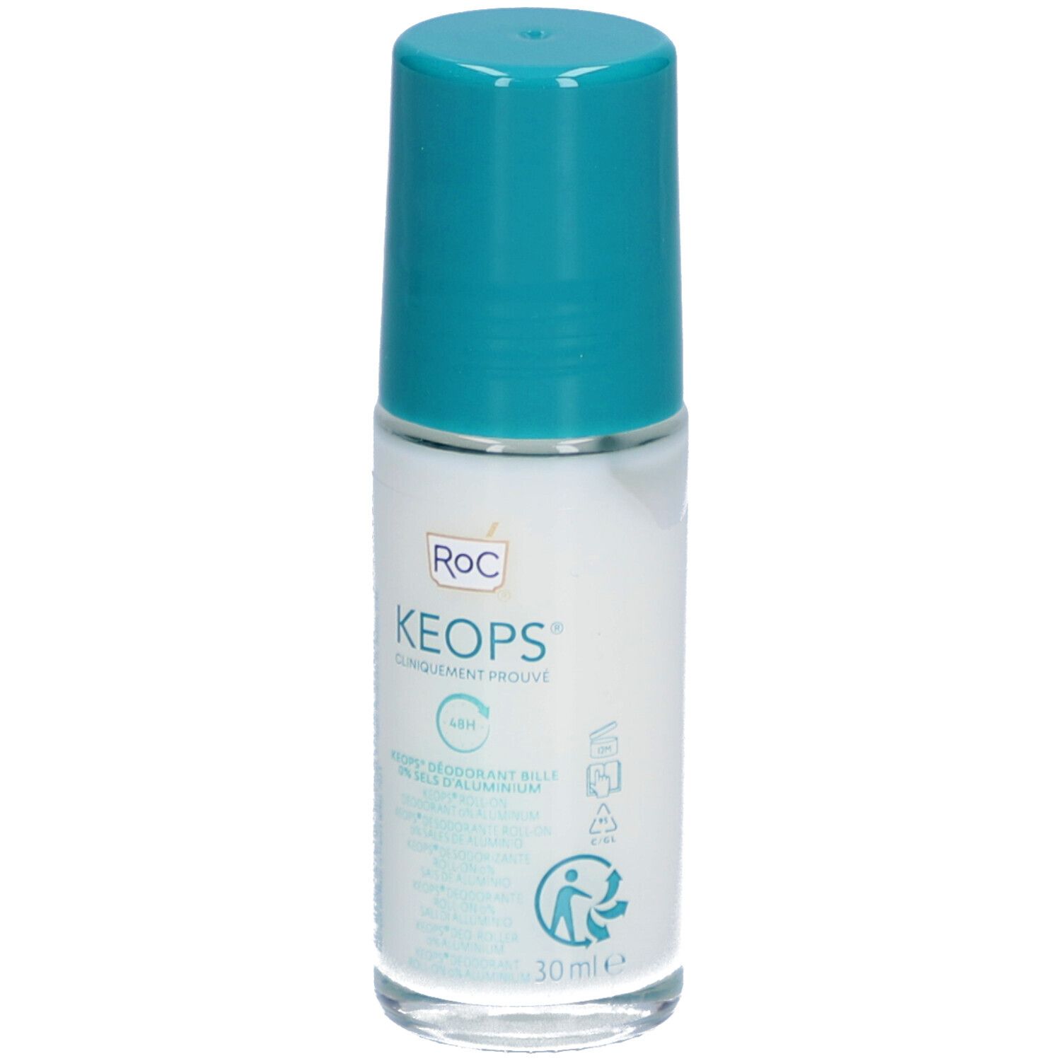 Déodorant roll-on RoC Keops, flacon blanc, bouchon turquoise. Inscriptions: Keops, 48H, 0% aluminium. 30 ml.