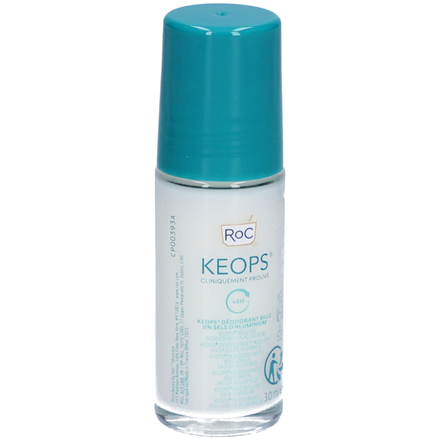 Déodorant roll-on RoC Keops, flacon blanc, bouchon turquoise. Inscriptions: Keops, 48H, 0% aluminium. 30 ml.