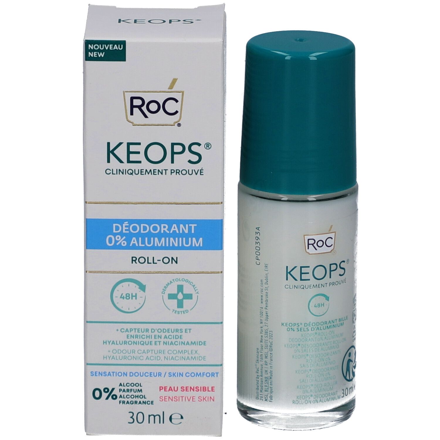 RoC Keops Déodorant Roll-On, avec emballage. Boîte blanche, accents turquoise. Inscription: 0% aluminium, 30 ml.
