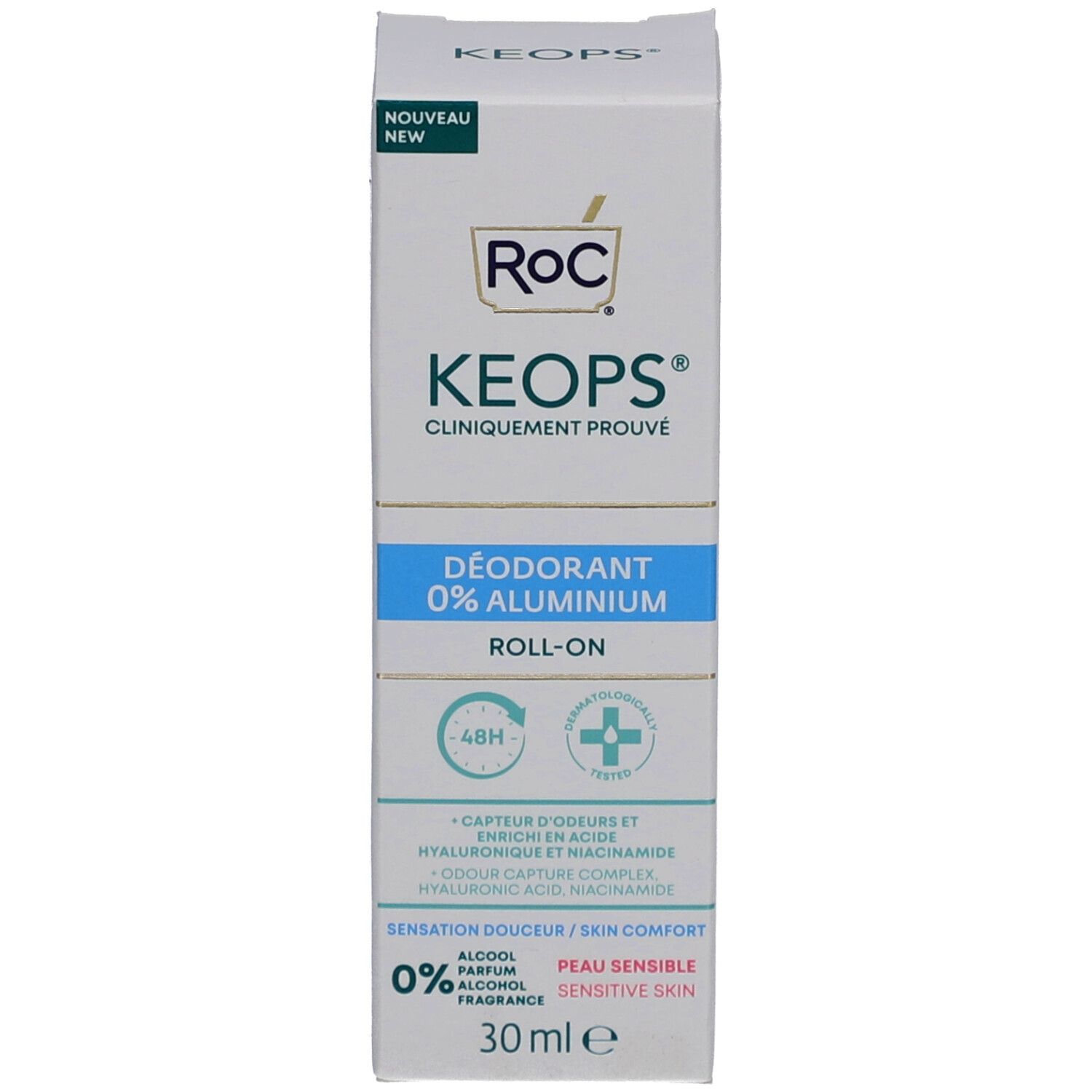 RoC Keops Déodorant Roll-On, emballage. Boîte blanche, accents turquoise. Inscription: 0% aluminium, 30 ml.