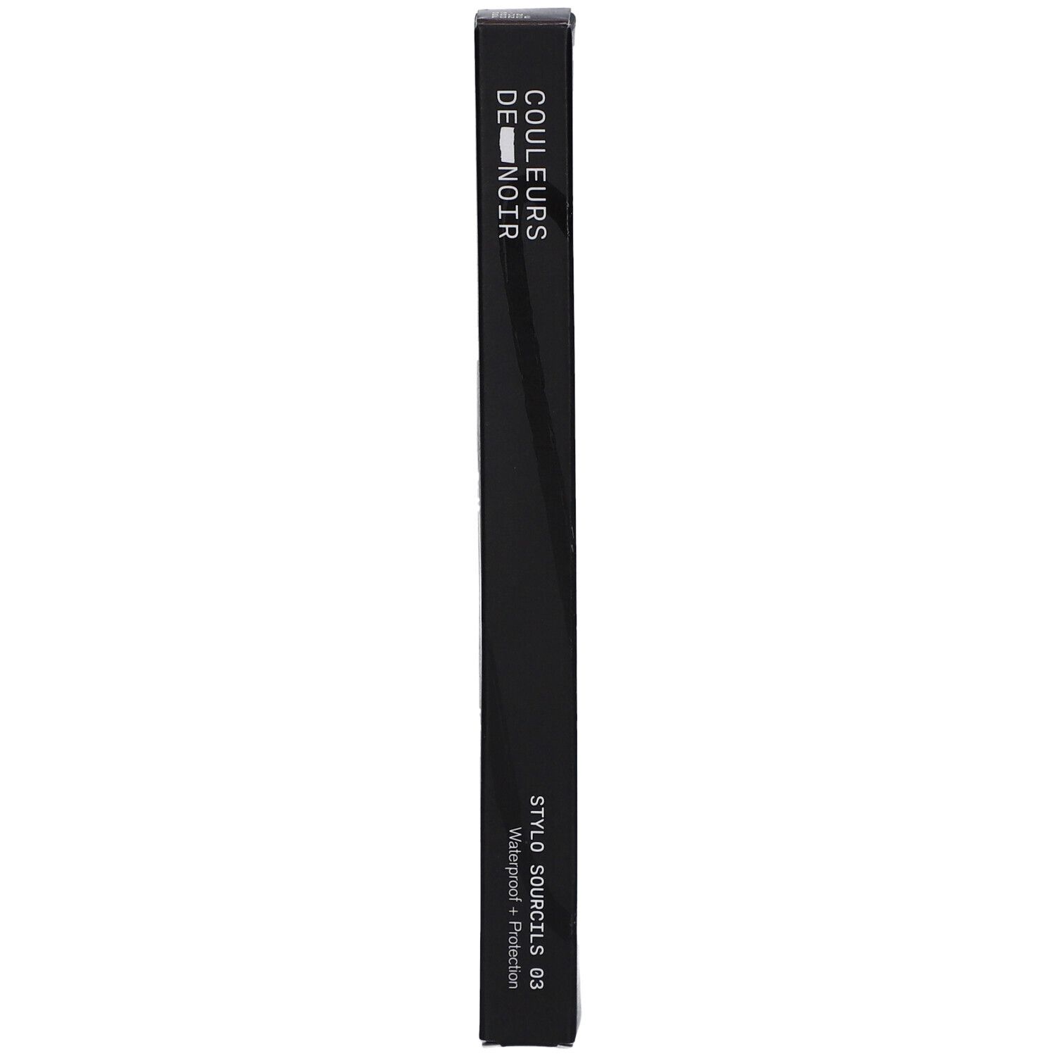 Schwarze Verpackung mit Produktnamen und -bezeichnung. Aufschrift: COULEURS DE NOIR, STYLO SOURCILS 03, Waterproof + Protection.