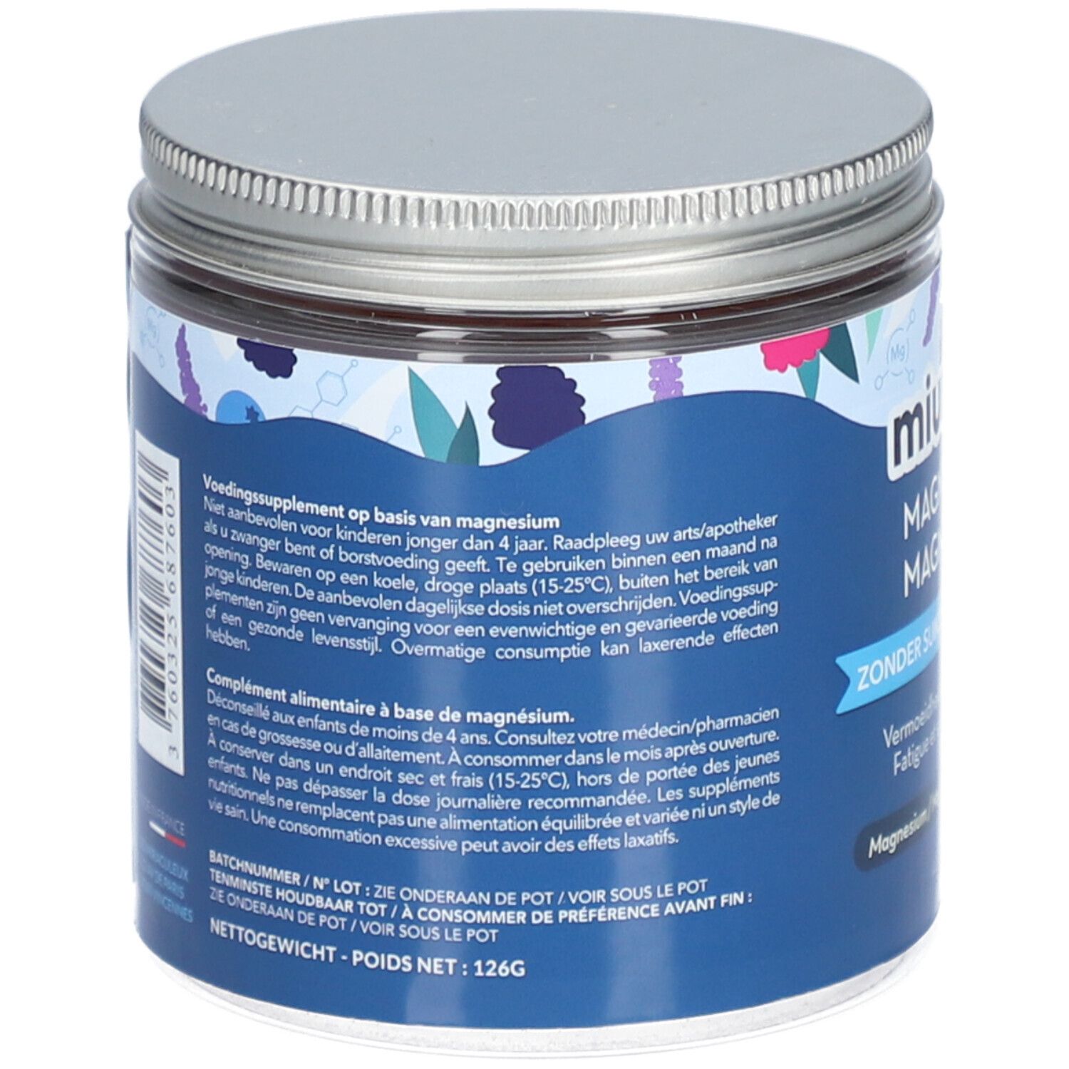 Rückseite der MIUM LAB Magnesium Gummies Verpackung. Blaue Verpackung mit Text. Enthält Informationen und Inhaltsstoffe.