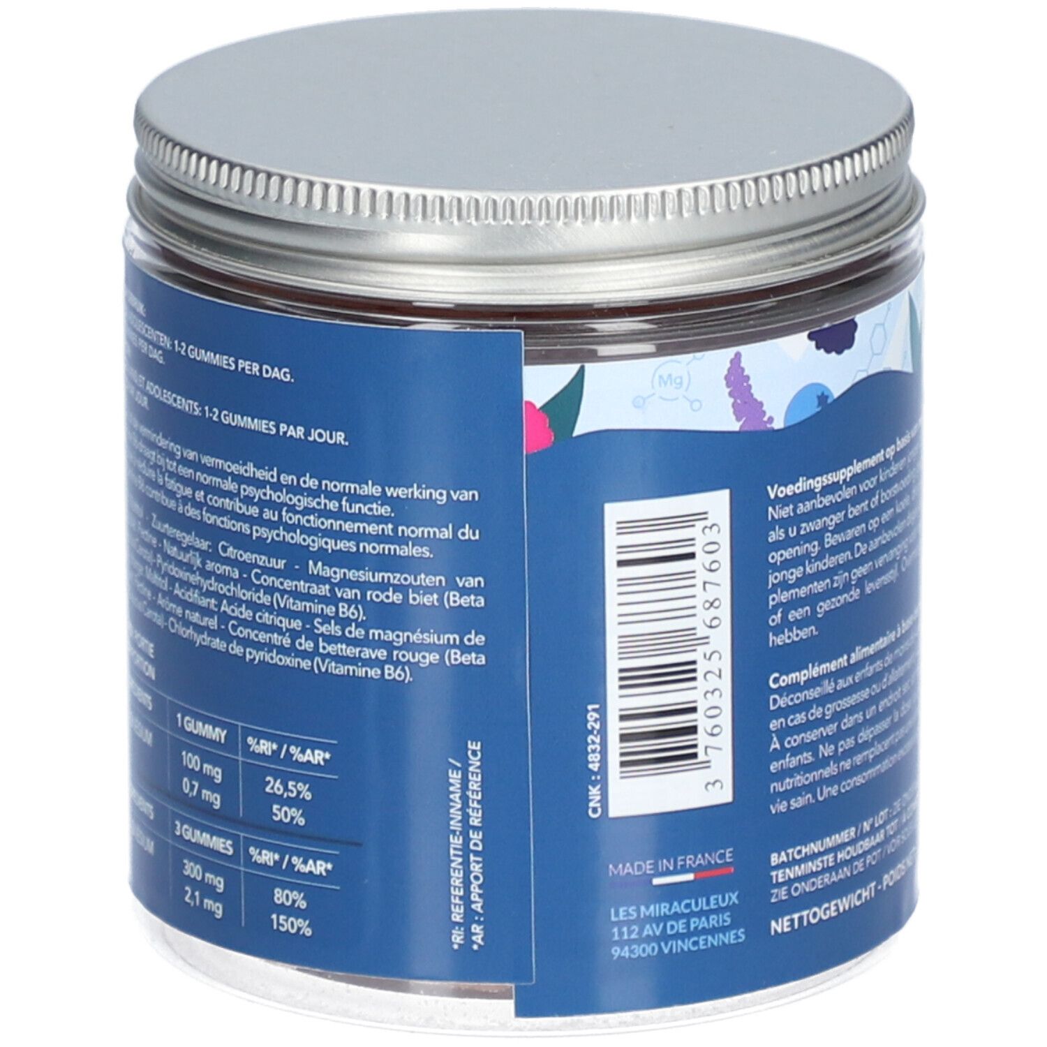 Rückseite der MIUM LAB Magnesium Gummies Verpackung. Blaue Verpackung mit Text. Enthält Informationen und Inhaltsstoffe.