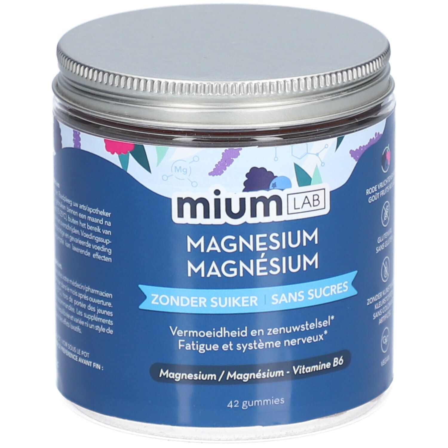 MIUM LAB Magnesium Gummies in einem Glas. Blaue Verpackung mit weißer Schrift. Enthält 42 Gummies. Metallischer Deckel.