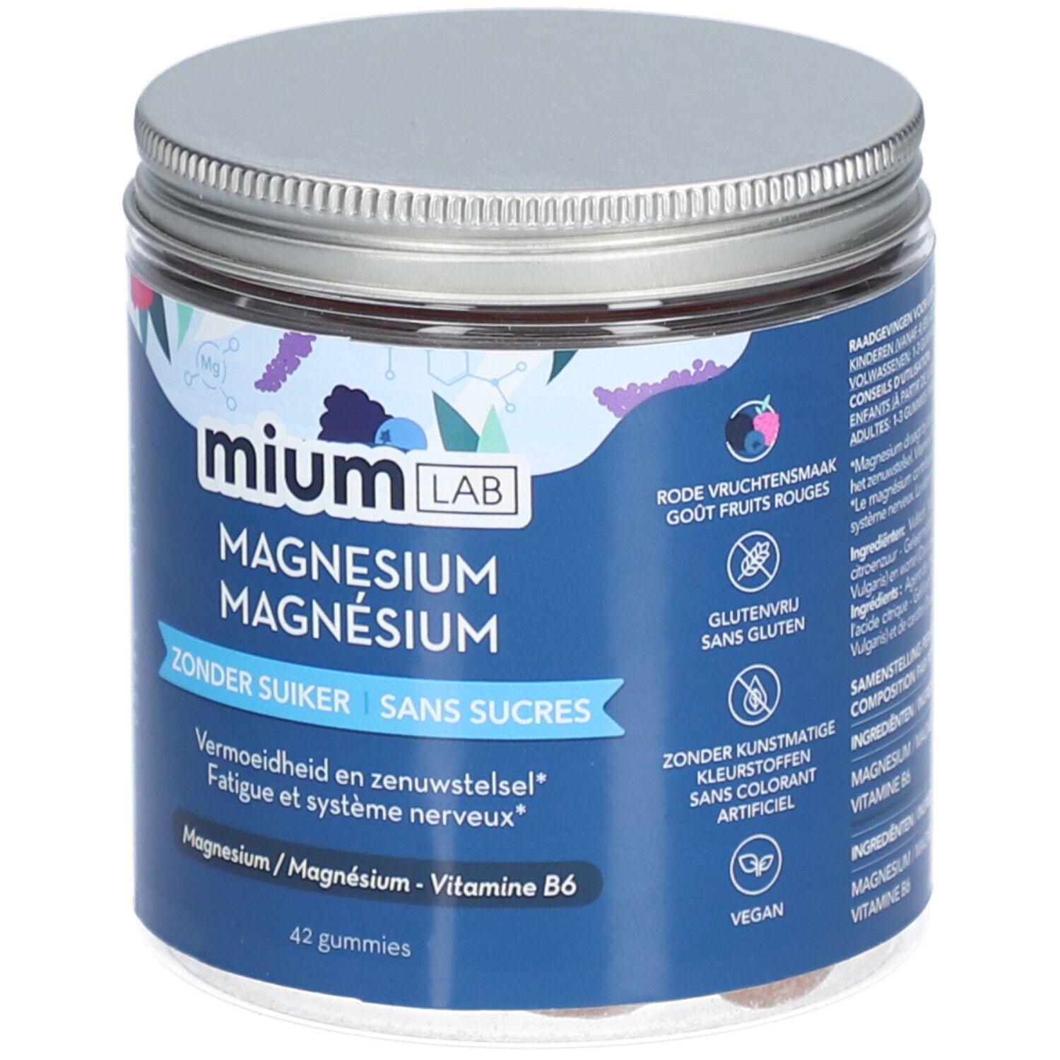 MIUM LAB Magnesium Gummies in einem Glas. Blaue Verpackung mit weißer Schrift. Enthält 42 Gummies. Metallischer Deckel.