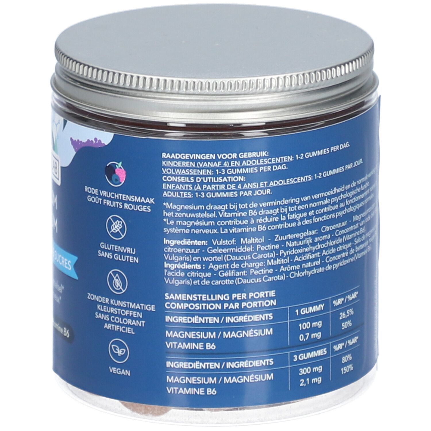 Rückseite der MIUM LAB Magnesium Gummies Verpackung. Blaue Verpackung mit Text. Enthält Informationen und Inhaltsstoffe.