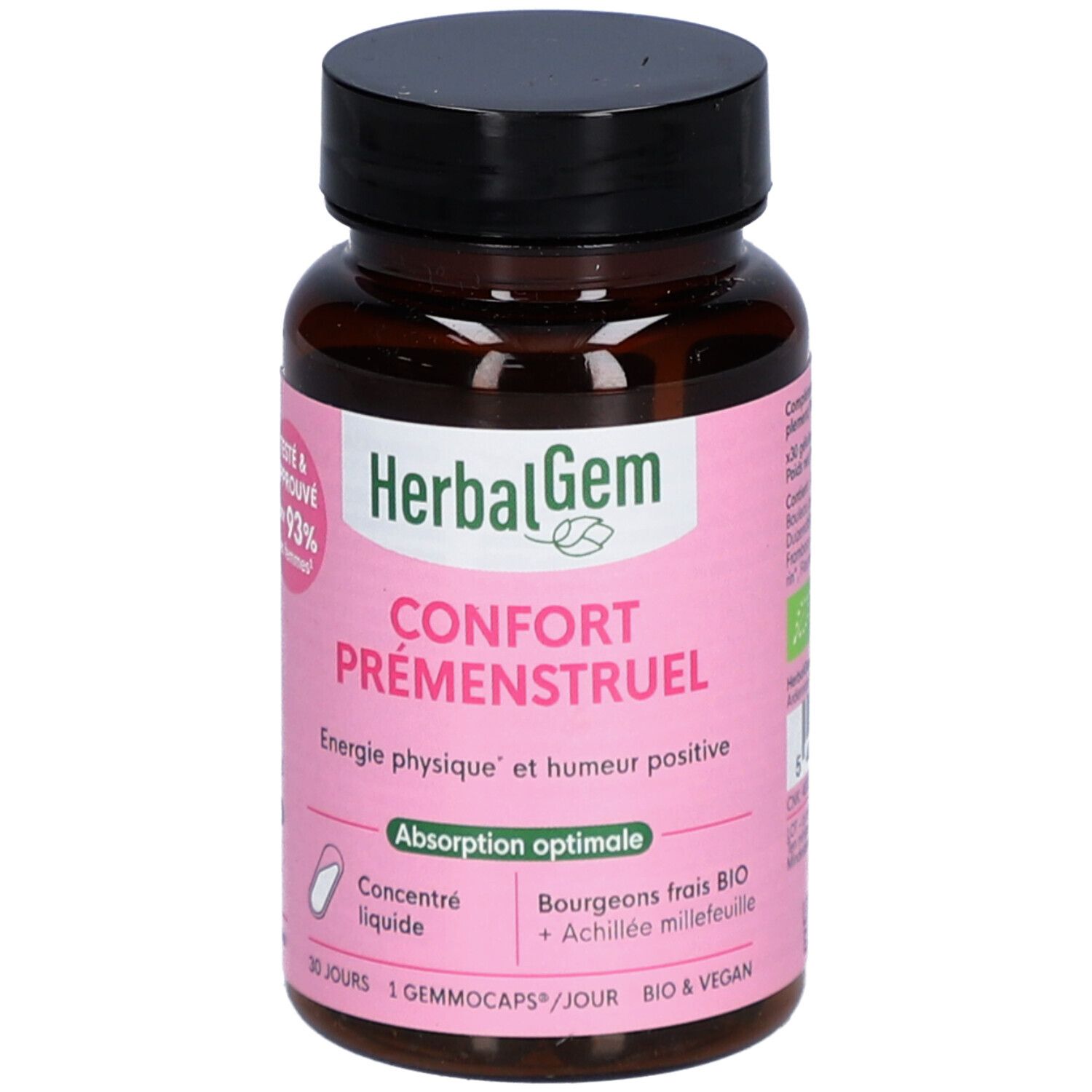 Braune Flasche mit schwarzen Deckel. Rosa Etikett mit Text und Logo. Enthält Kapseln.