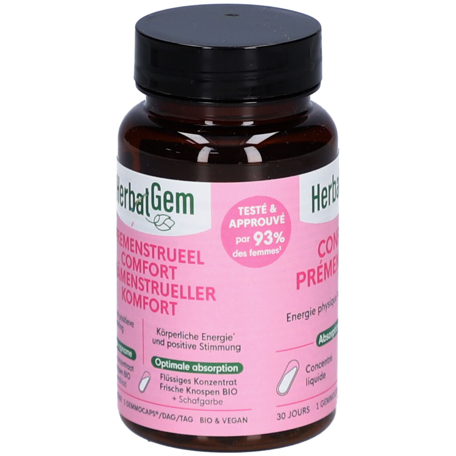 Braune Flasche mit schwarzen Deckel. Rosa Etikett mit Text und Logo. Kapseln.