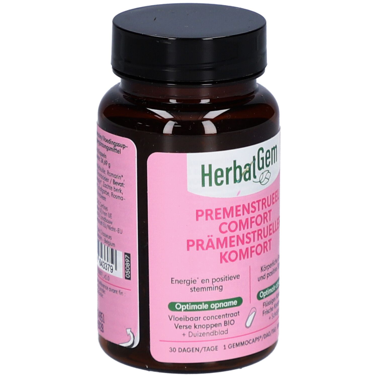 Braune Flasche mit schwarzen Deckel. Rosa Etikett mit Text und Logo. Kapseln.