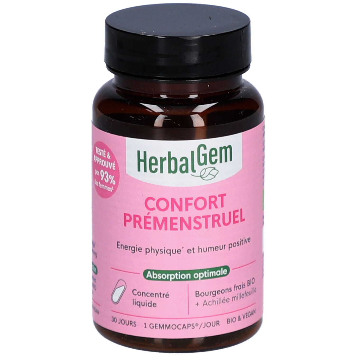 Braune Flasche mit schwarzen Deckel. Rosa Etikett mit Text und Logo. Kapseln.