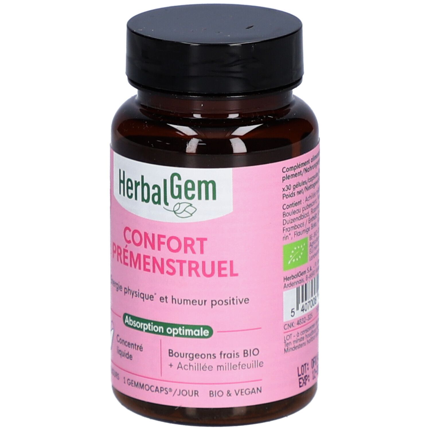 Braune Flasche mit schwarzen Deckel. Rosa Etikett mit Text und Logo. Kapseln.