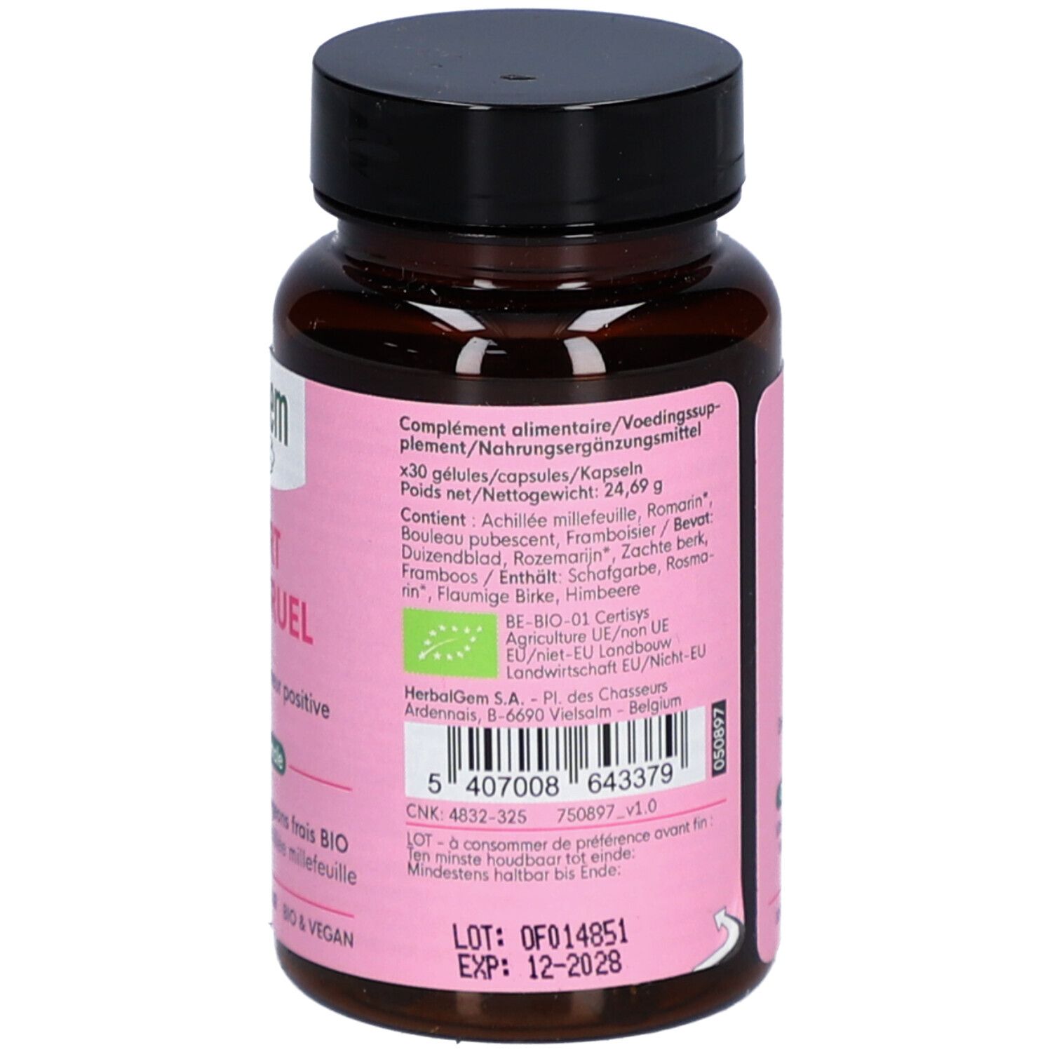 Rückseite der Flasche. Rosa Etikett mit Text. Enthält Informationen zu Inhaltsstoffen und Haltbarkeit.