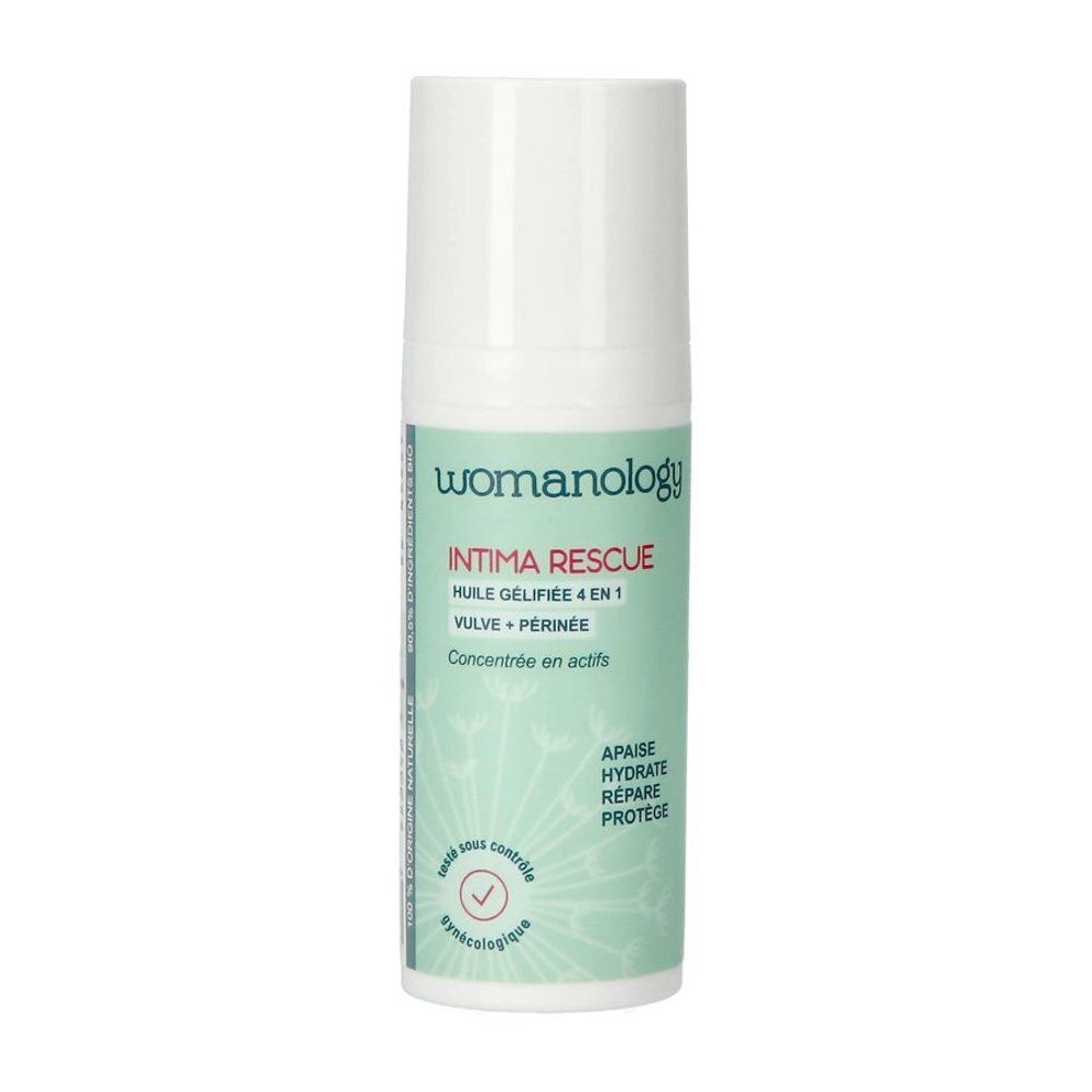 Flacon blanc Womanology Intima Rescue. Étiquette verte avec texte: Intima Rescue, 4 en 1, Vulve + Périnée. Certifié.