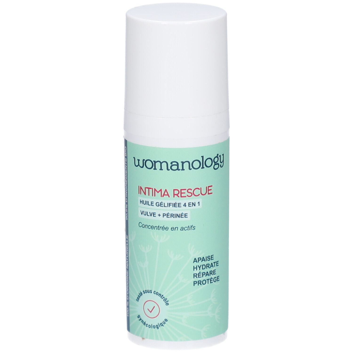 Womanology Intima Rescue. Weiße Flasche mit grünem Etikett. Text: Intima Rescue, 4 en 1, Vulve + Périnée. Mit Zertifizierung.