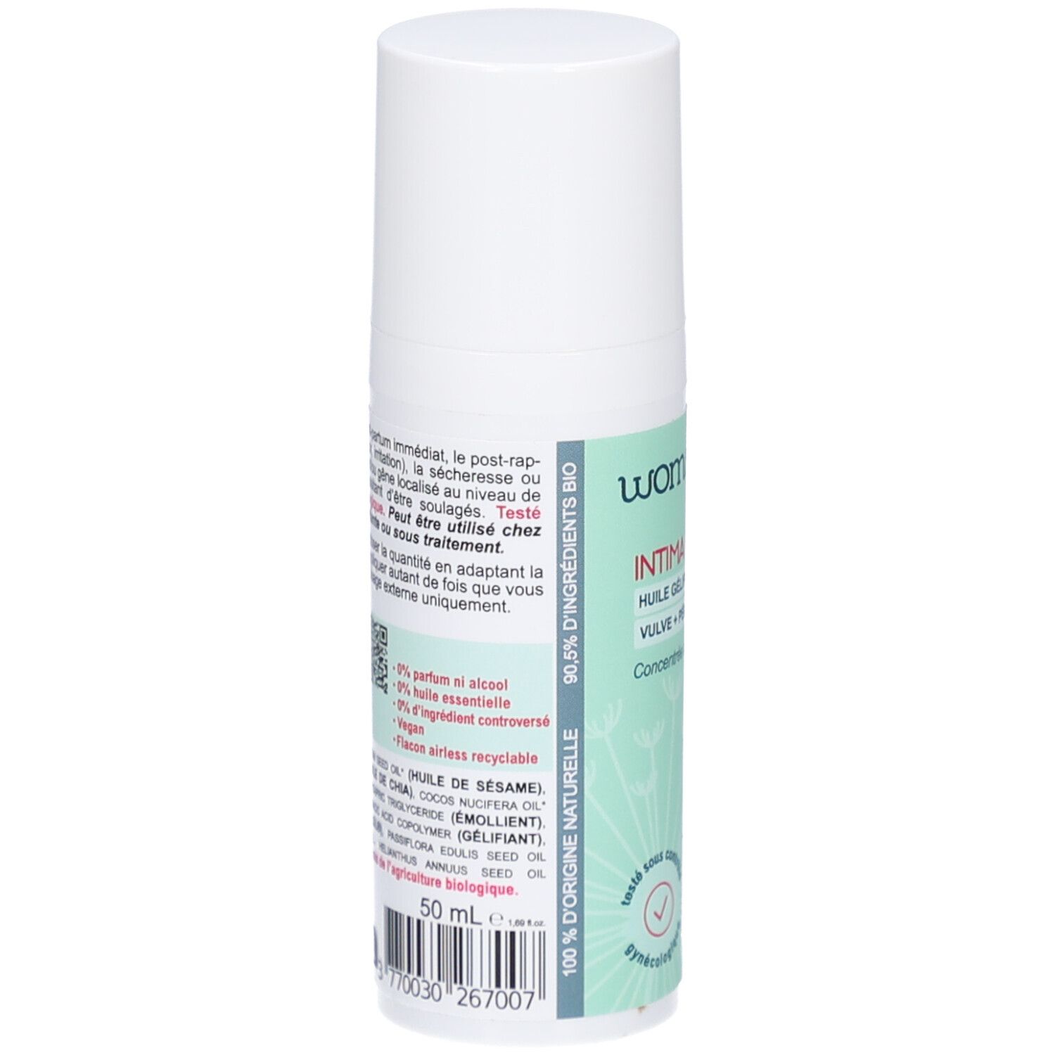 Rückseite der Womanology Intima Rescue Flasche. Text: 90,5% Inhaltsstoffe natürlichen Ursprungs. Inhaltsstoffe, QR-Code, 50 ml.