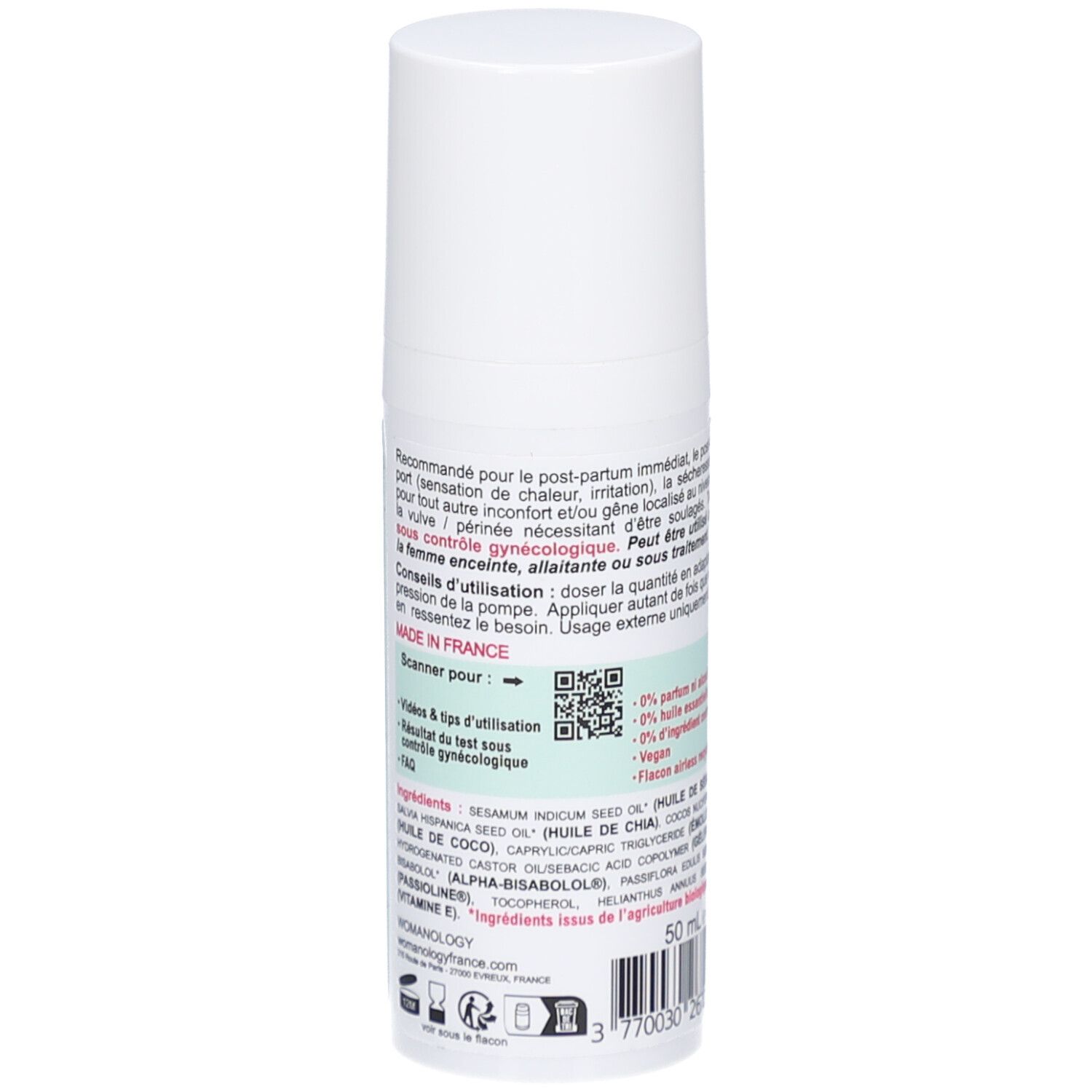 Rückseite der Womanology Intima Rescue Flasche. Text: Anwendungshinweise, QR-Code, Inhaltsstoffe, 50 ml. Hergestellt in Frankreich.