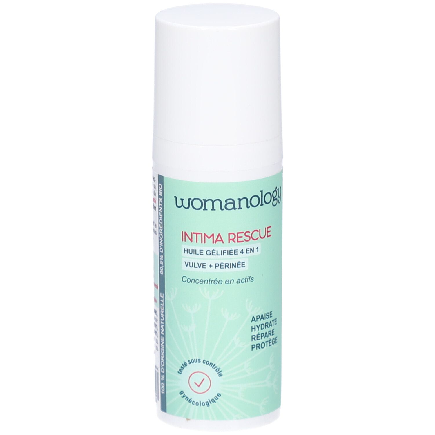 Womanology Intima Rescue. Weiße Flasche mit grünem Etikett. Text: Intima Rescue, 4 en 1, Vulve + Périnée. Mit Zertifizierung.