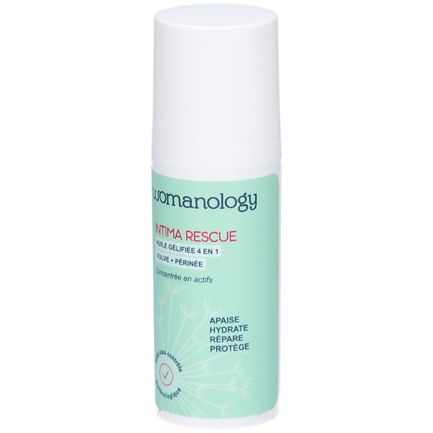 Womanology Intima Rescue. Weiße Flasche mit grünem Etikett. Text: Intima Rescue, 4 en 1, Vulve + Périnée. Mit Zertifizierung.