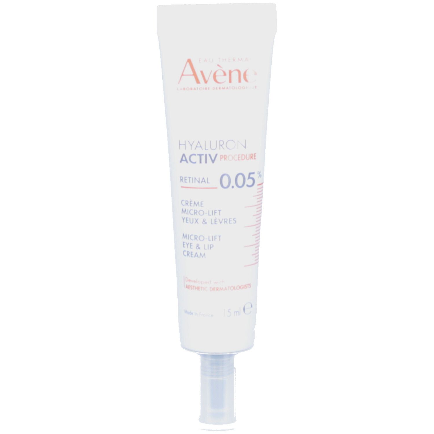 Tube blanc avec texte. Marque Avène, nom du produit Hyaluron Activ Procedure Retinal 0.05%. Crème yeux & lèvres.