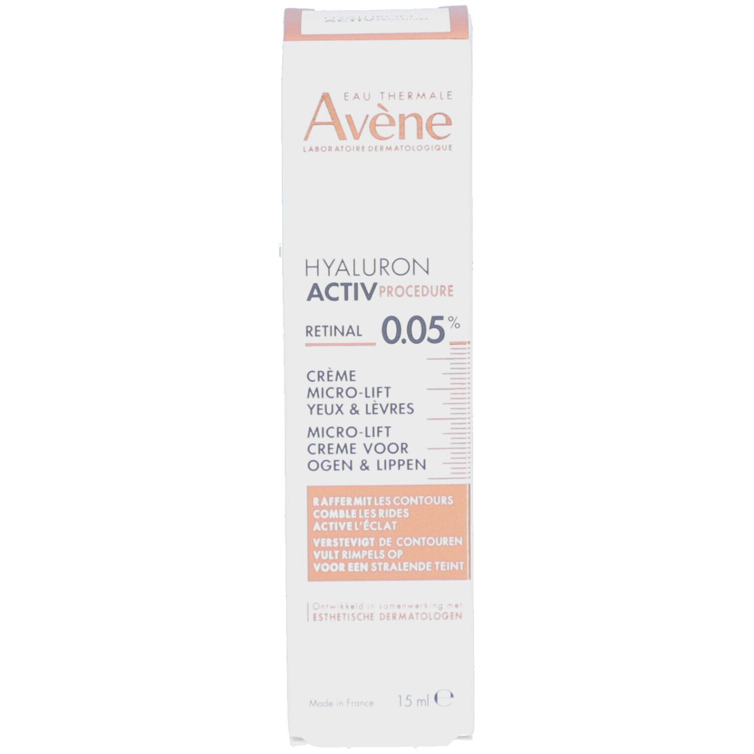 Emballage du produit. Marque Avène, nom du produit Hyaluron Activ Procedure Retinal 0.05%. Crème yeux & lèvres.