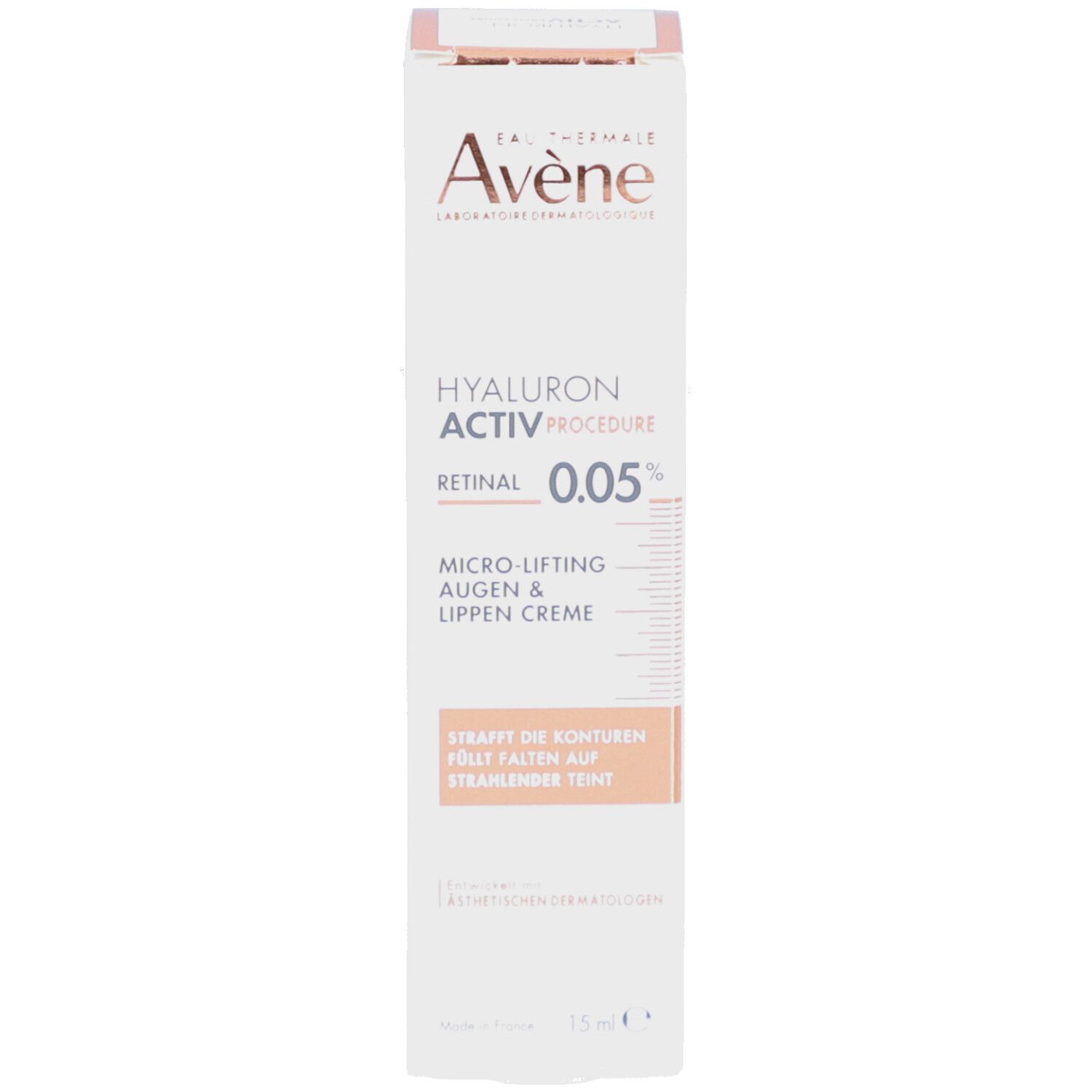 Emballage du produit. Marque Avène, nom du produit Hyaluron Activ Procedure Retinal 0.05%. Crème yeux & lèvres.