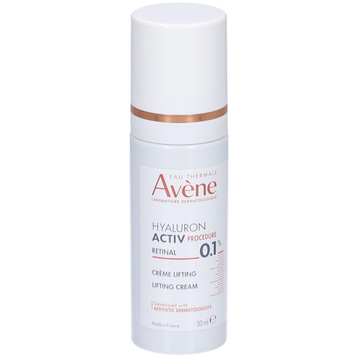 Weiße Flasche mit Creme. Aufschrift: Eau Thermale Avène, Hyaluron Activ Procedure Retinal 0.1%, Crème lifting.