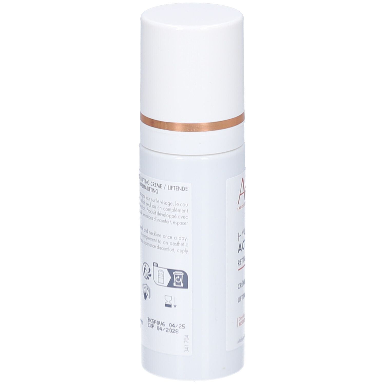 Rückseite der Creme-Flasche. Text und Piktogramme. Aufschrift: Crème lifting / Liftende Creme.