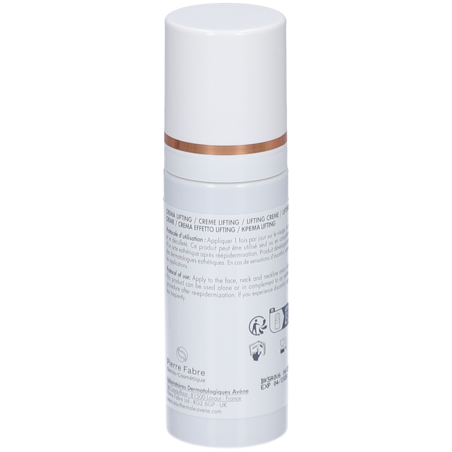 Rückseite der Creme-Flasche. Text und Piktogramme. Aufschrift: Crème lifting / Crème Effetto Lifting / Krema Lifting.