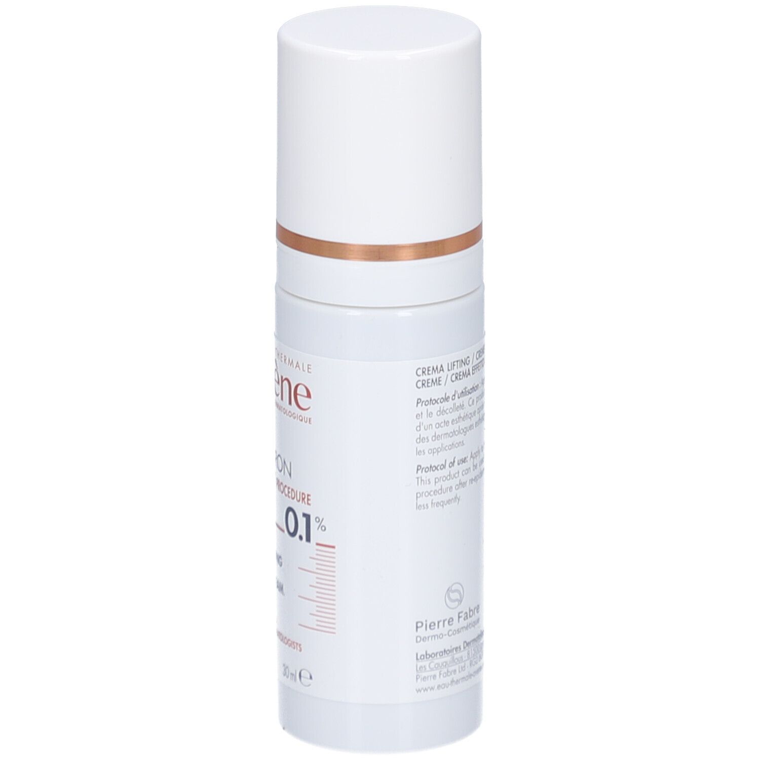 Rückseite der Creme-Flasche. Text und Piktogramme. Aufschrift: Crème lifting / Crème Effetto Lifting.