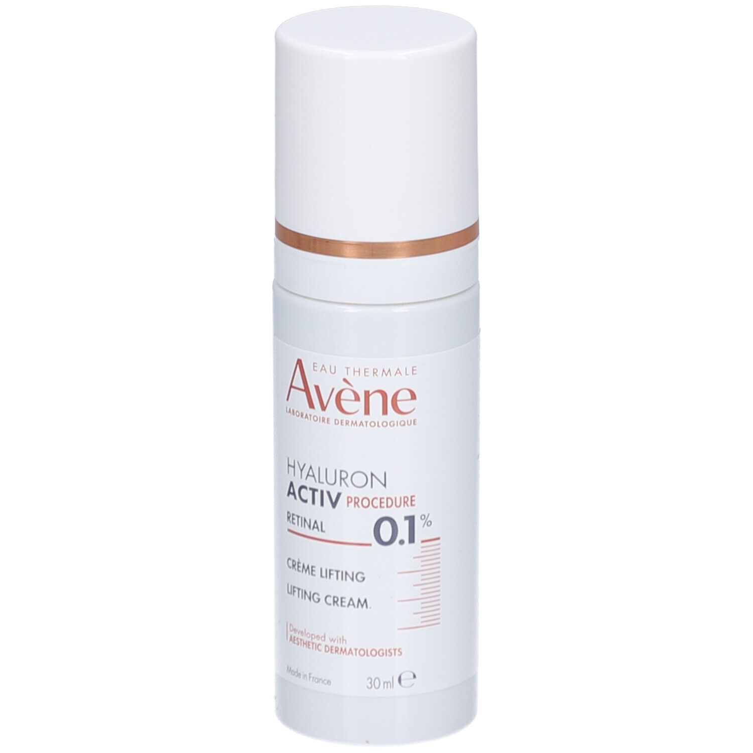 Weiße Flasche mit Creme. Aufschrift: Eau Thermale Avène, Hyaluron Activ Procedure Retinal 0.1%, Crème lifting.