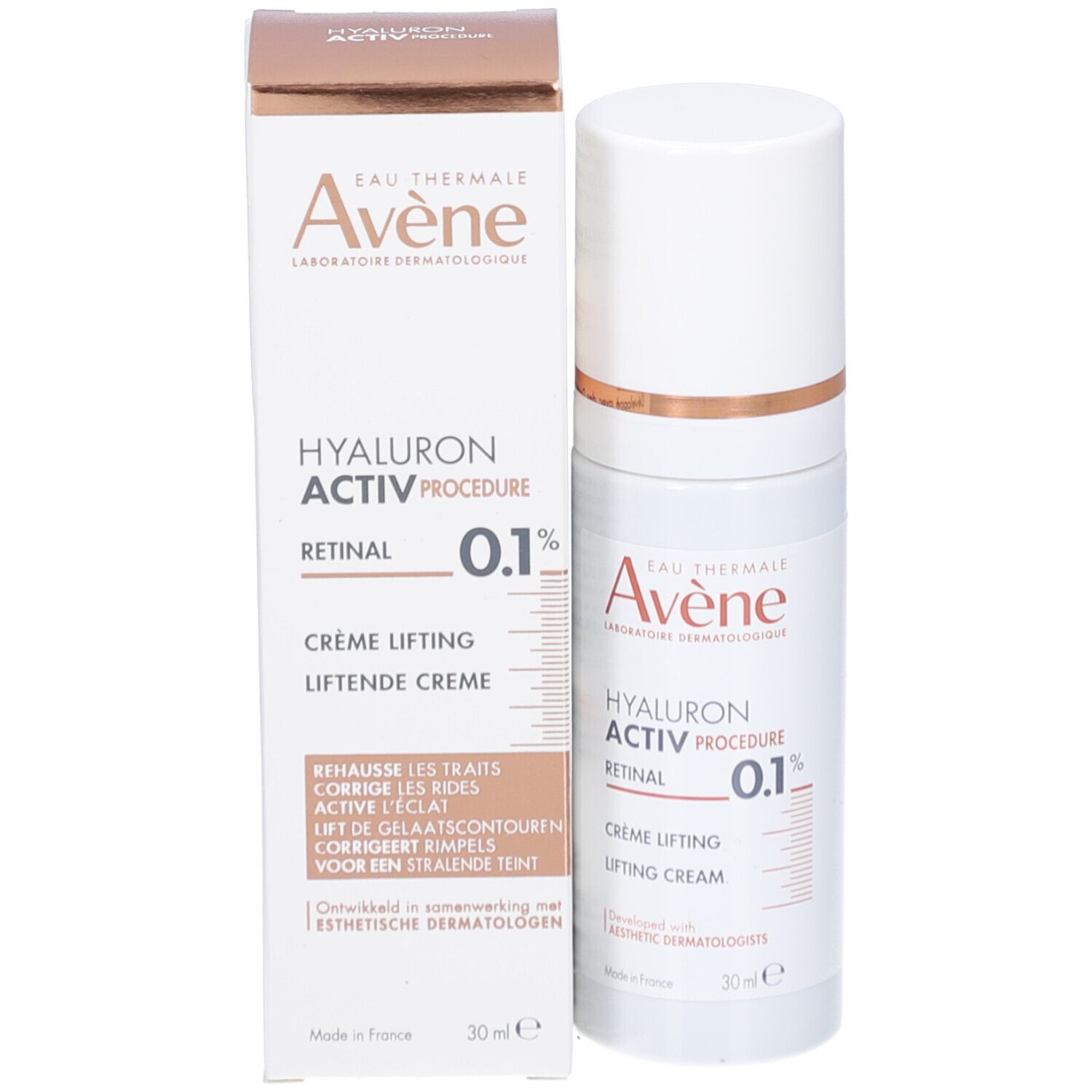 Produktverpackung und Flasche. Aufschrift: Eau Thermale Avène, Hyaluron Activ Procedure Retinal 0.1%, Crème lifting.
