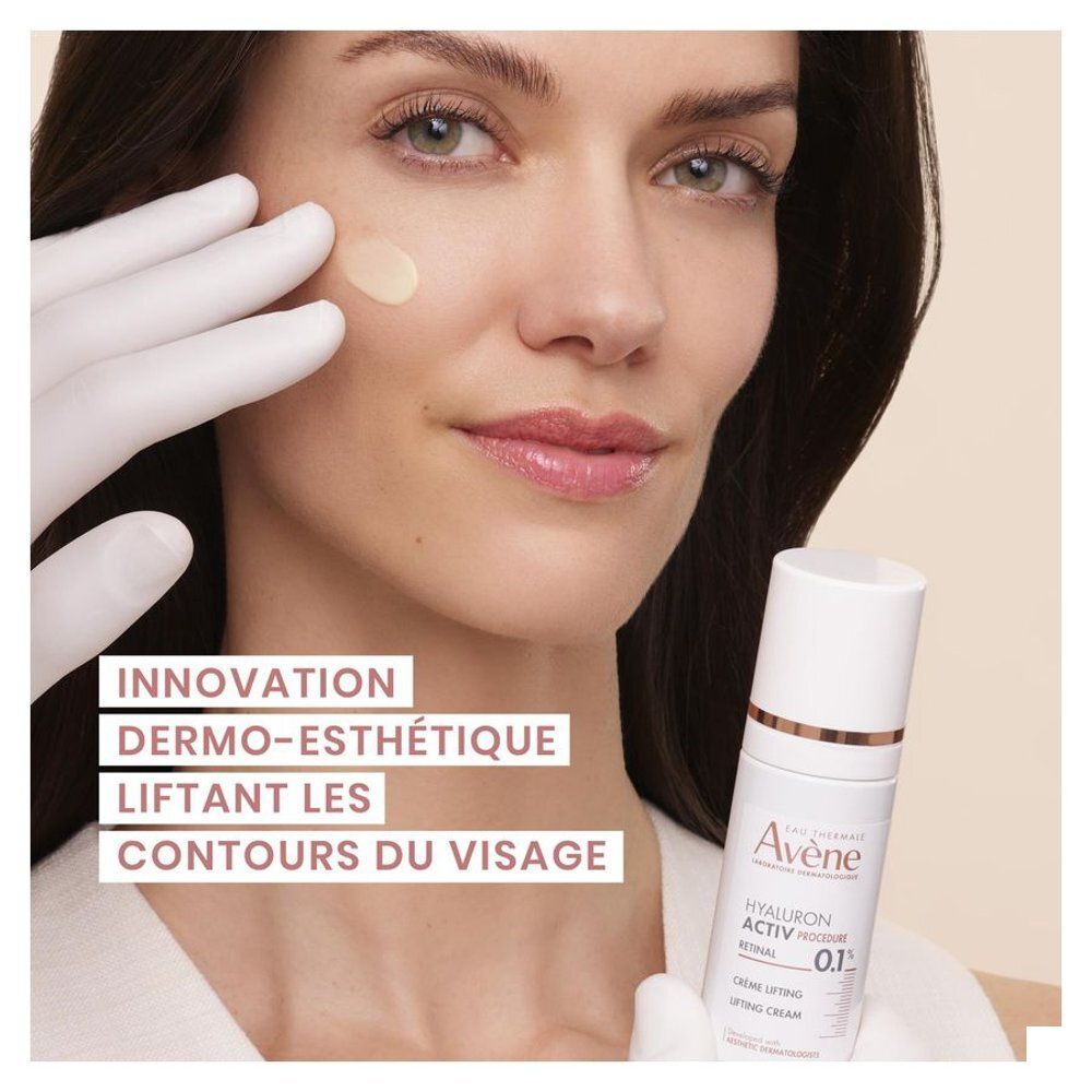 Flacon blanc avec crème. Inscription: Eau Thermale Avène, Hyaluron Activ Procedure Retinal 0.1%, Crème lifting.
