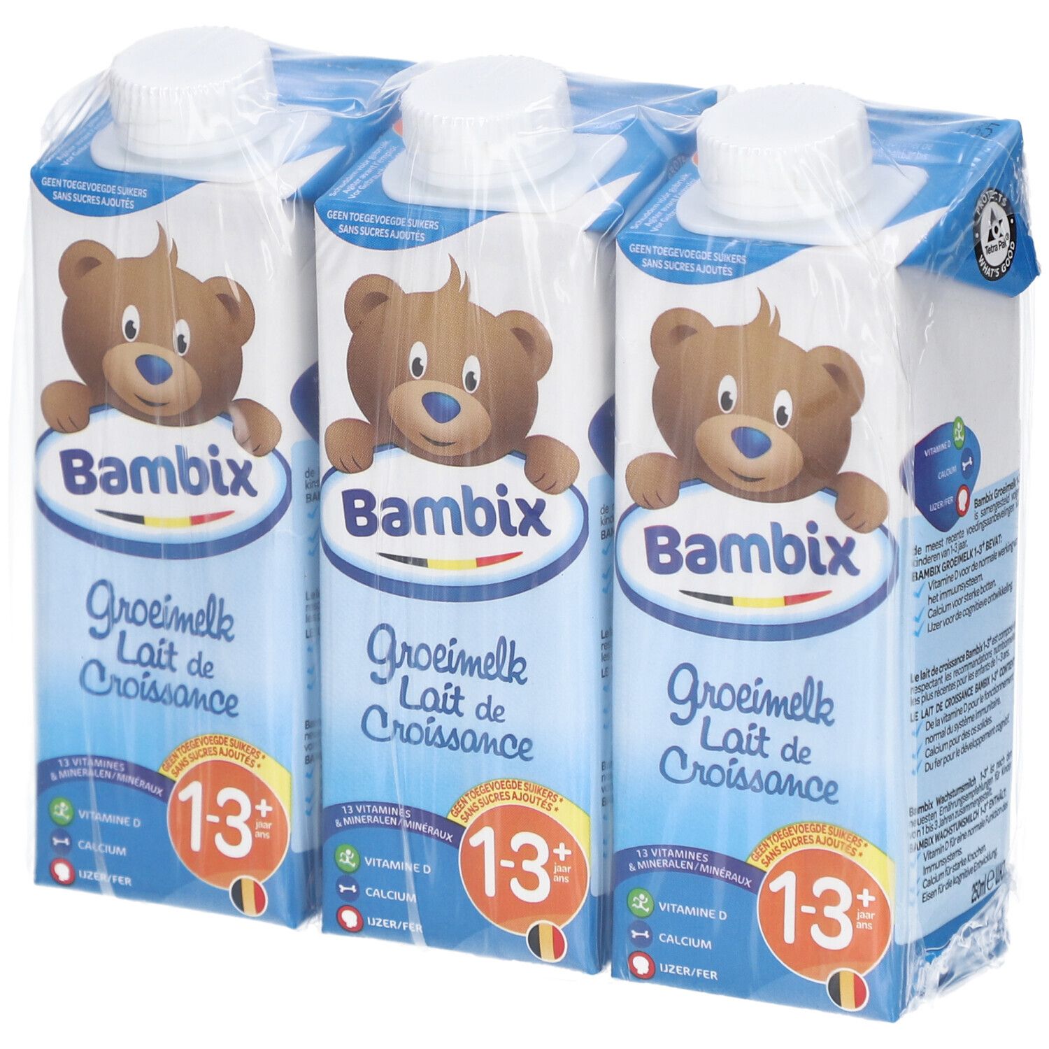 Verpackung mit drei Milchgetränken. Aufdruck: Bambix, Wachstumsmilch 1-3+ Jahre, 12 Vitamine & Mineralien, Vitamin D, Calcium.