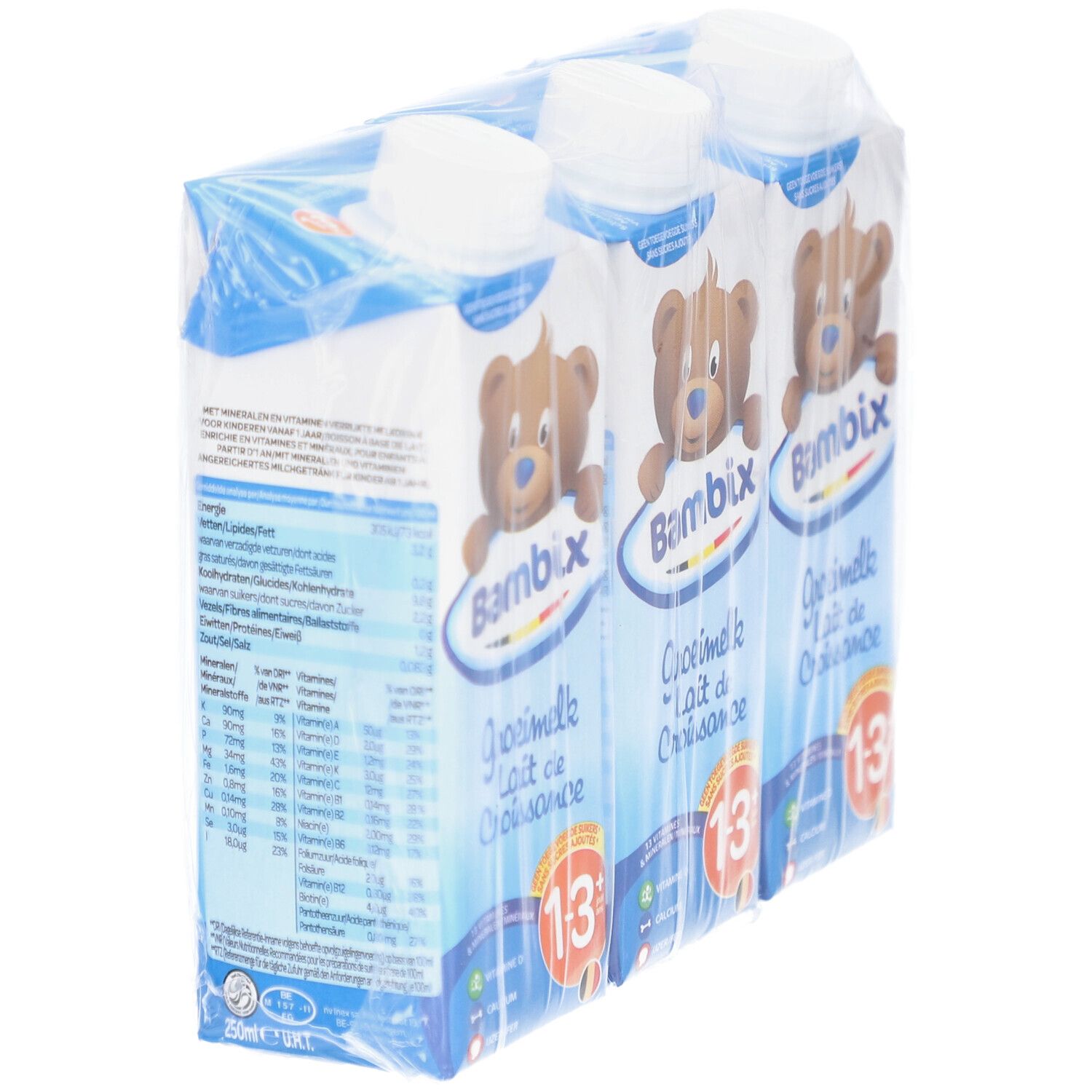 Verpackung mit drei Milchgetränken. Aufdruck: Bambix, Wachstumsmilch 1-3+ Jahre, Nährwertangaben, Zutatenliste.