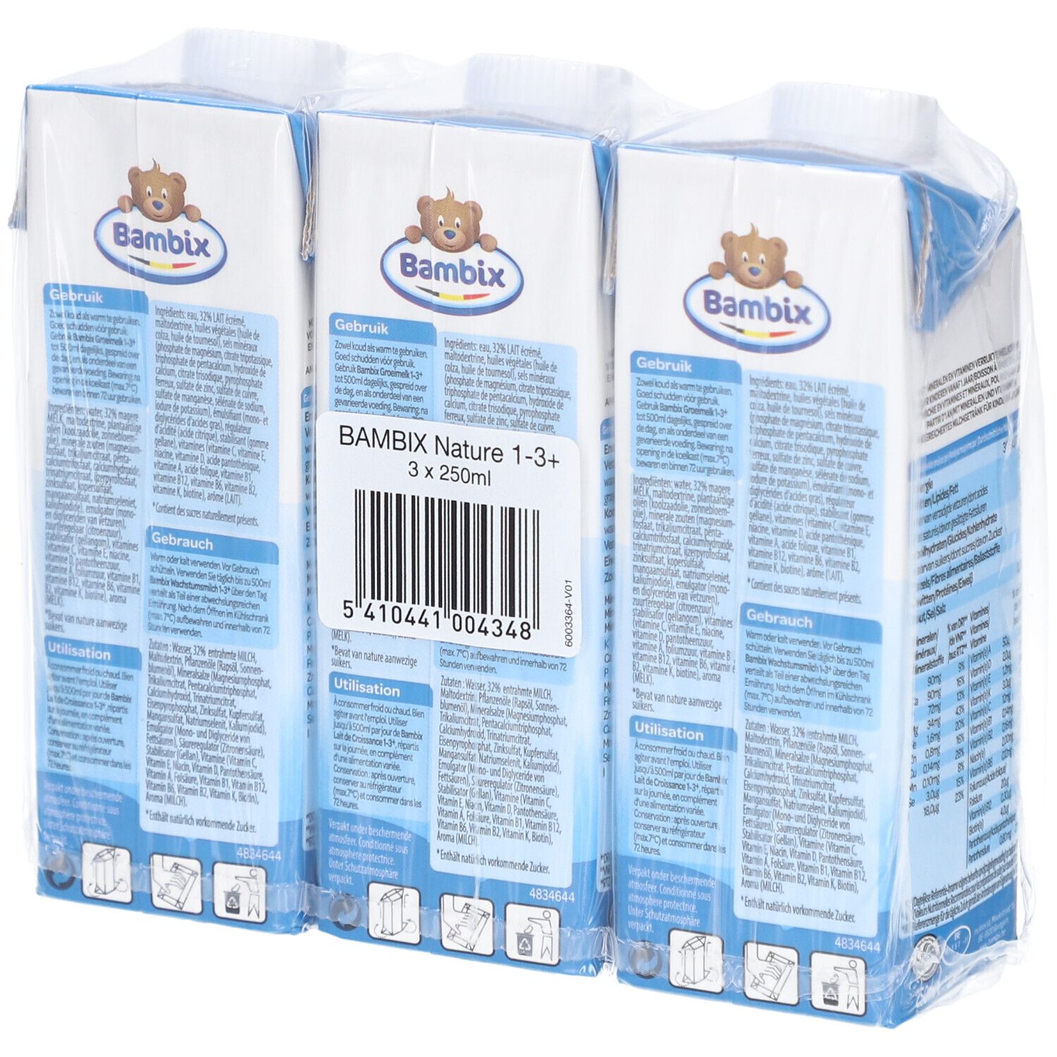 Verpackung mit drei Milchgetränken. Aufdruck: Bambix, Wachstumsmilch 1-3+ Jahre, Barcode, Gebrauchsanweisung.