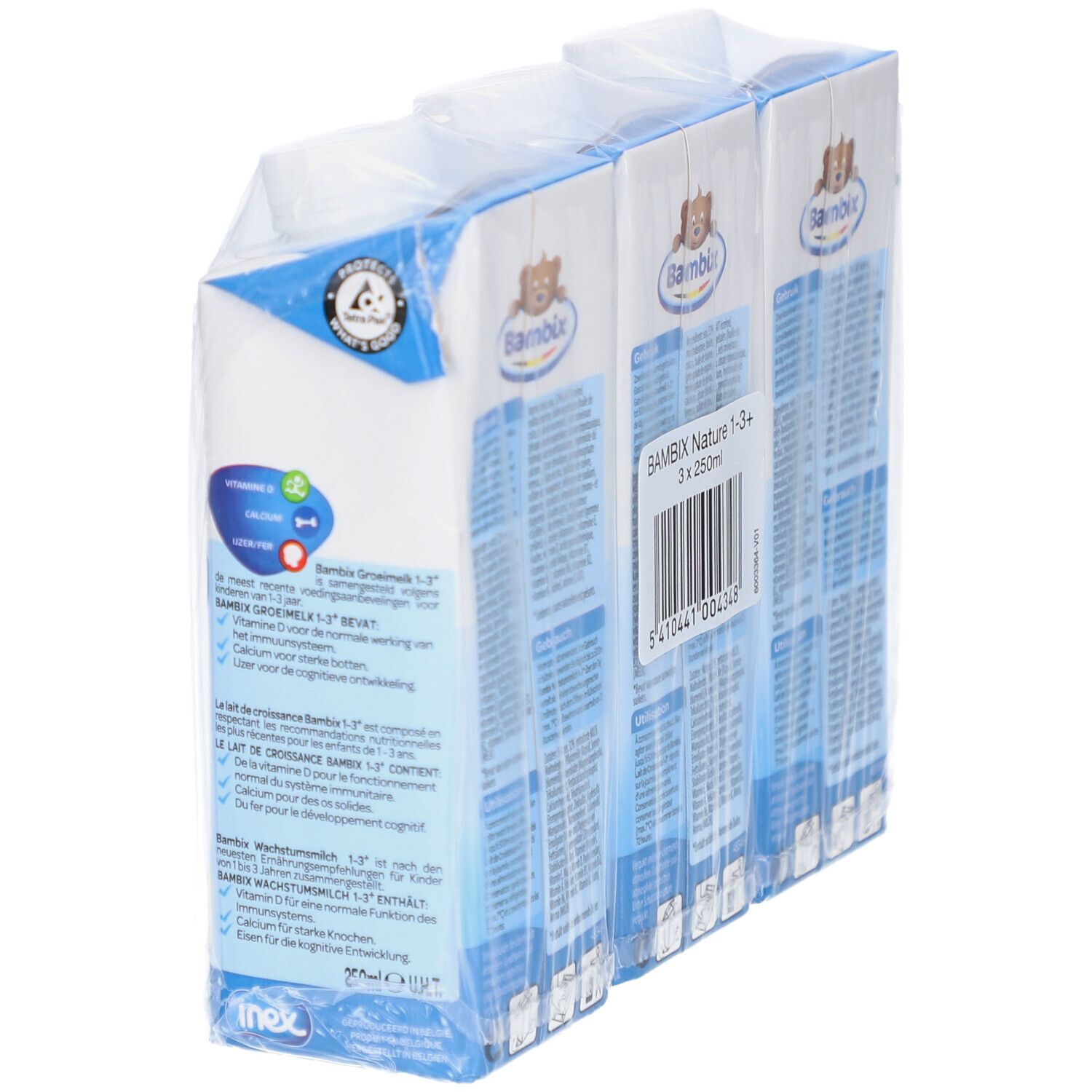 Verpackung mit drei Milchgetränken. Aufdruck: Bambix, Wachstumsmilch 1-3+ Jahre, Nährwertangaben, Gebrauchsanweisung.