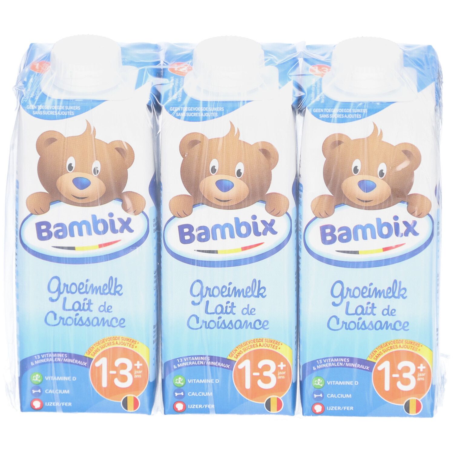 Verpackung mit drei Milchgetränken. Aufdruck: Bambix, Wachstumsmilch 1-3+ Jahre, 12 Vitamine & Mineralien, Vitamin D, Calcium.