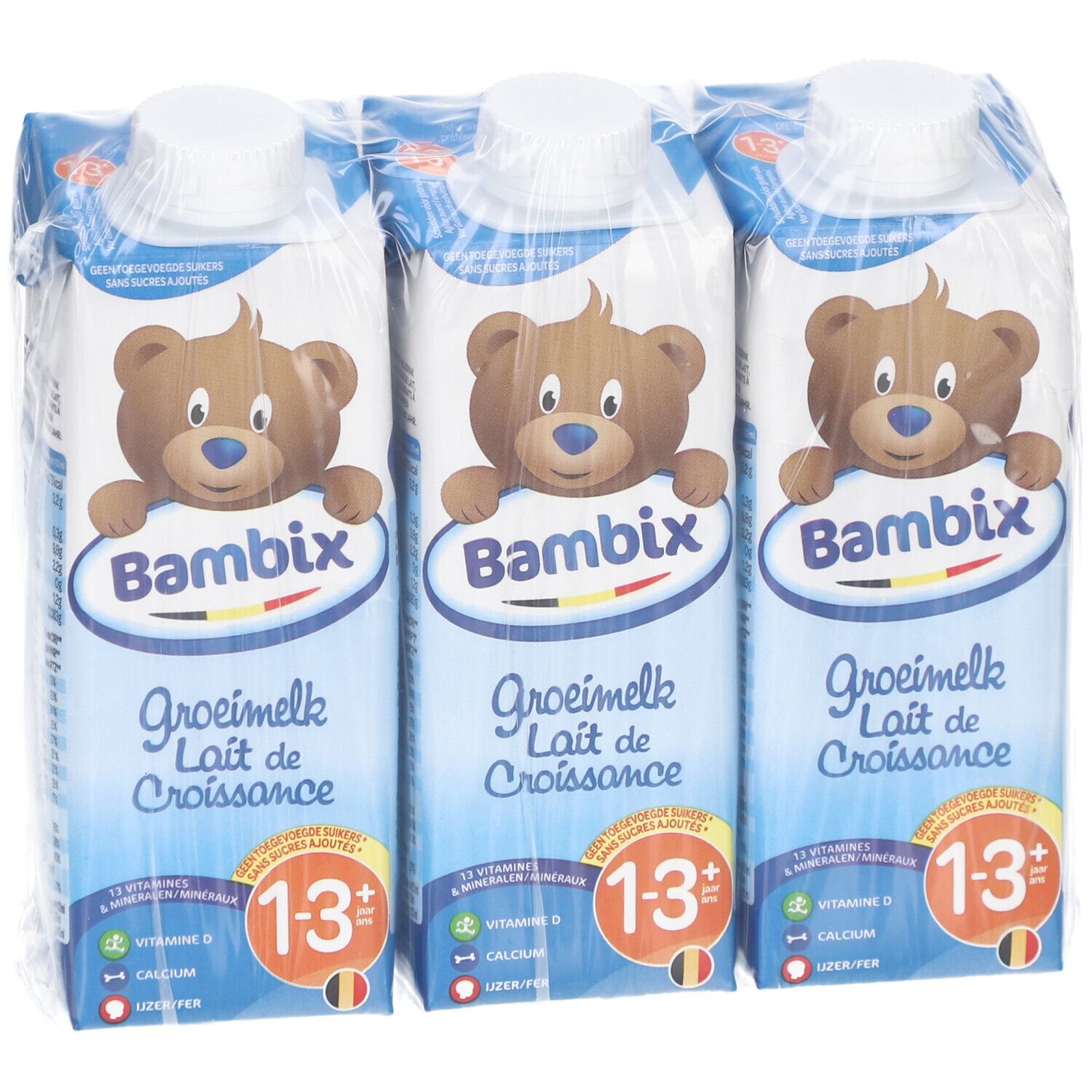 Verpackung mit drei Milchgetränken. Aufdruck: Bambix, Wachstumsmilch 1-3+ Jahre, 12 Vitamine & Mineralien, Vitamin D, Calcium.