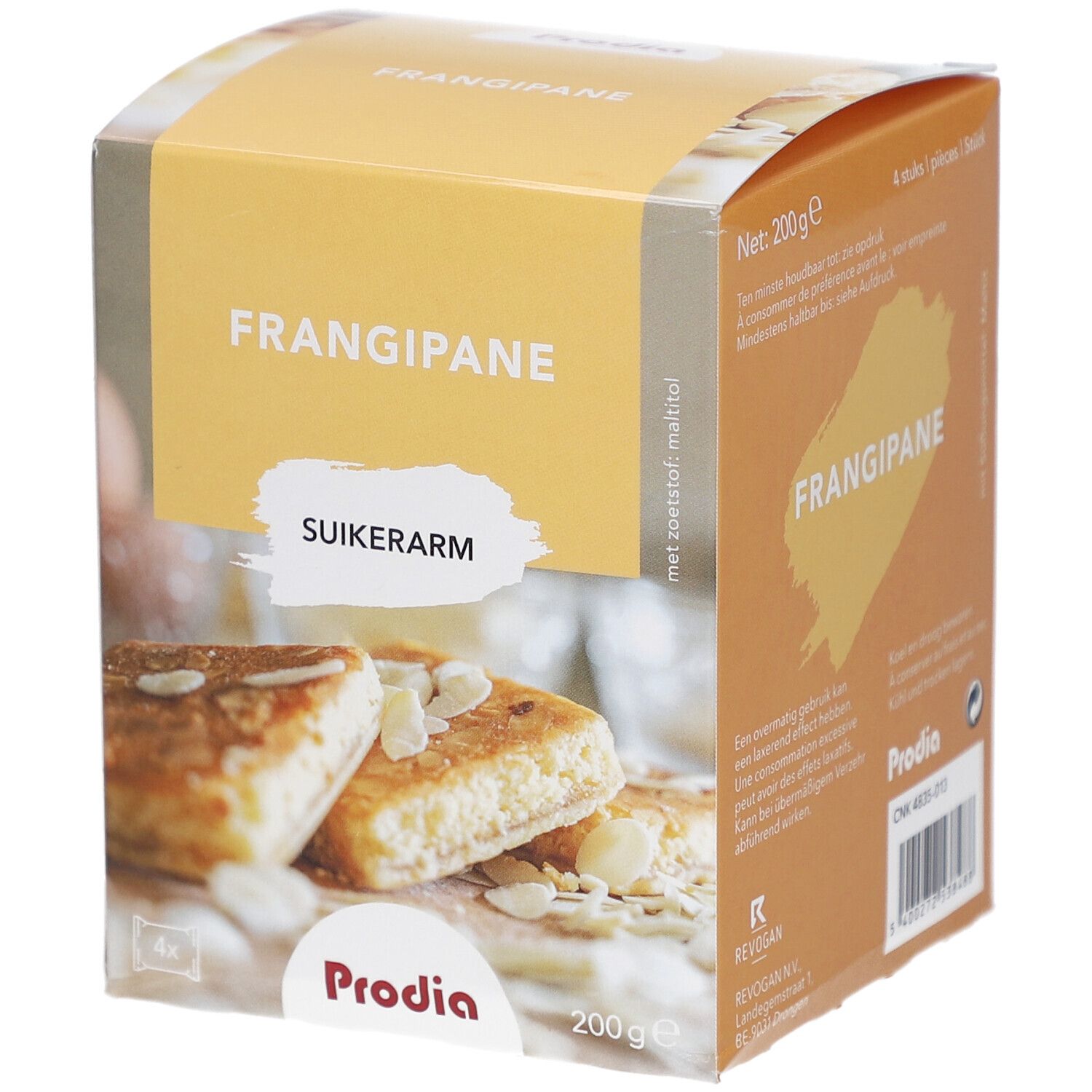 Prodia Frangipane Maltitol-Verpackung. Aufschrift: Frangipane, zuckerarm. Gezeigt werden Kuchenstücke mit Mandeln. 200g.