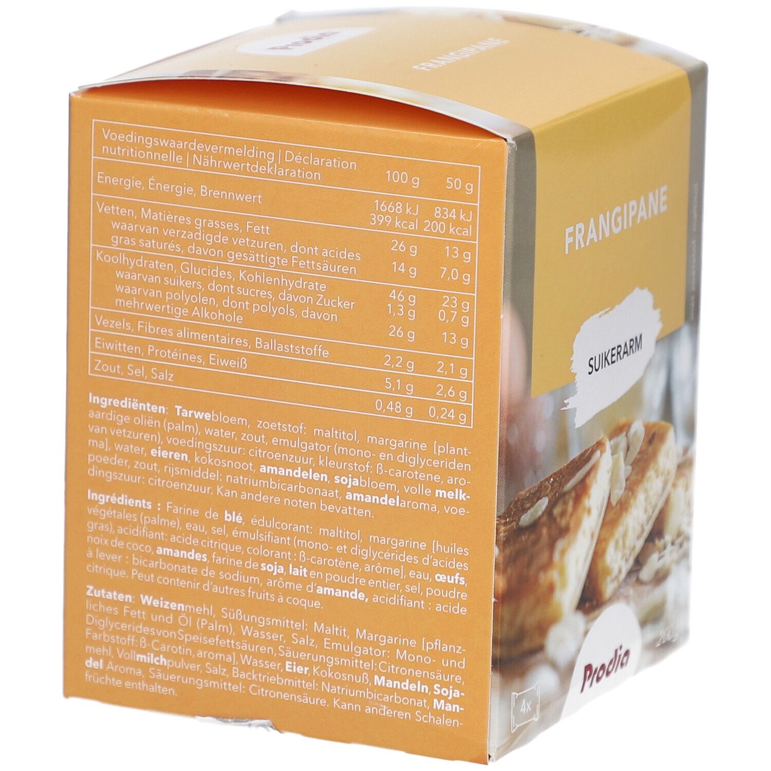 Rückseite der Prodia Frangipane Maltitol-Verpackung. Enthält Nährwertangaben und Zutatenliste. Gezeigt werden Kuchenstücke.