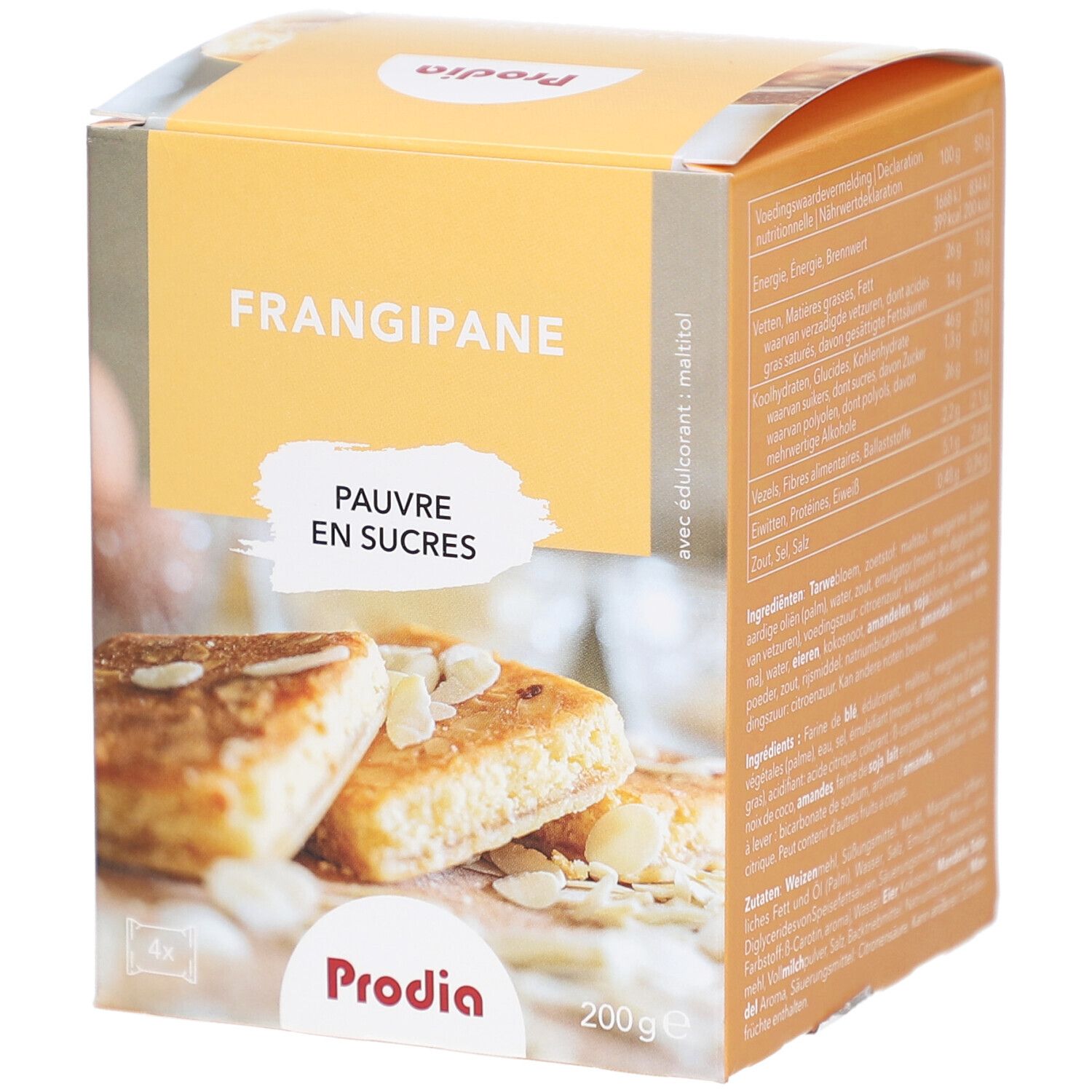 Prodia Frangipane Maltitol-Verpackung. Aufschrift: Frangipane, zuckerarm. Gezeigt werden Kuchenstücke mit Mandeln. 200g.
