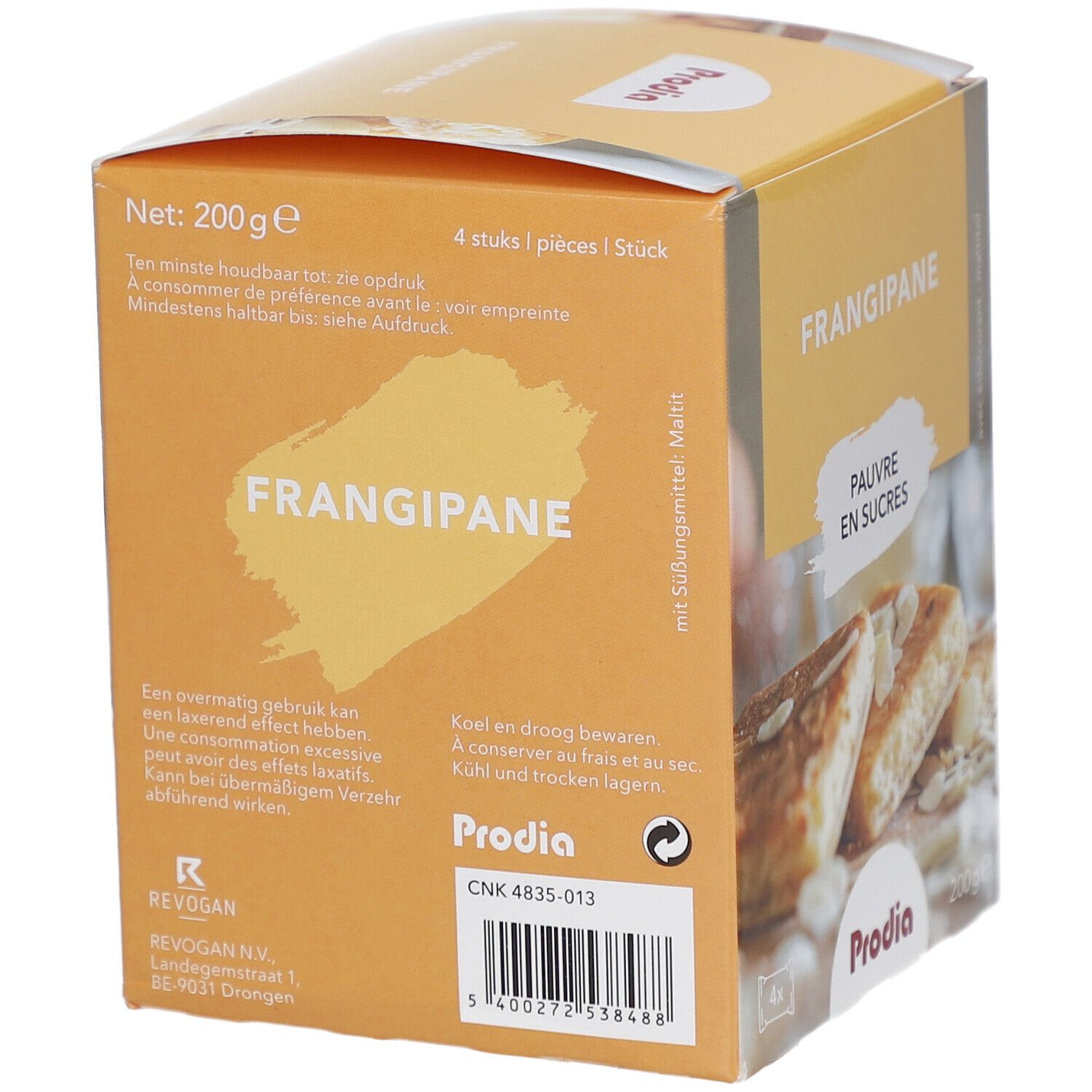 Prodia Frangipane Maltitol-Verpackung. Aufschrift: Frangipane, zuckerarm. Gezeigt werden Kuchenstücke mit Mandeln. 200g.