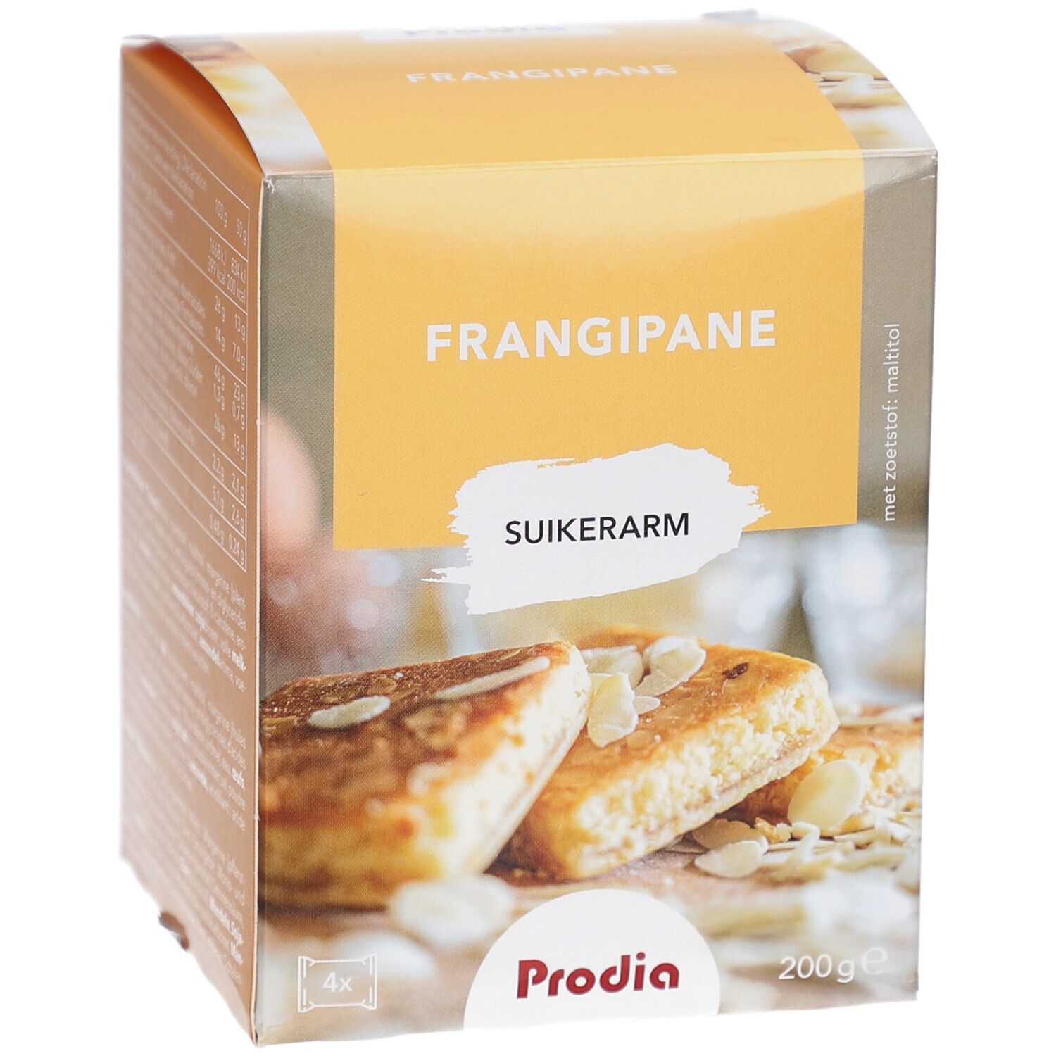 Prodia Frangipane Maltitol-Verpackung. Aufschrift: Frangipane, zuckerarm. Gezeigt werden Kuchenstücke mit Mandeln. 200g.